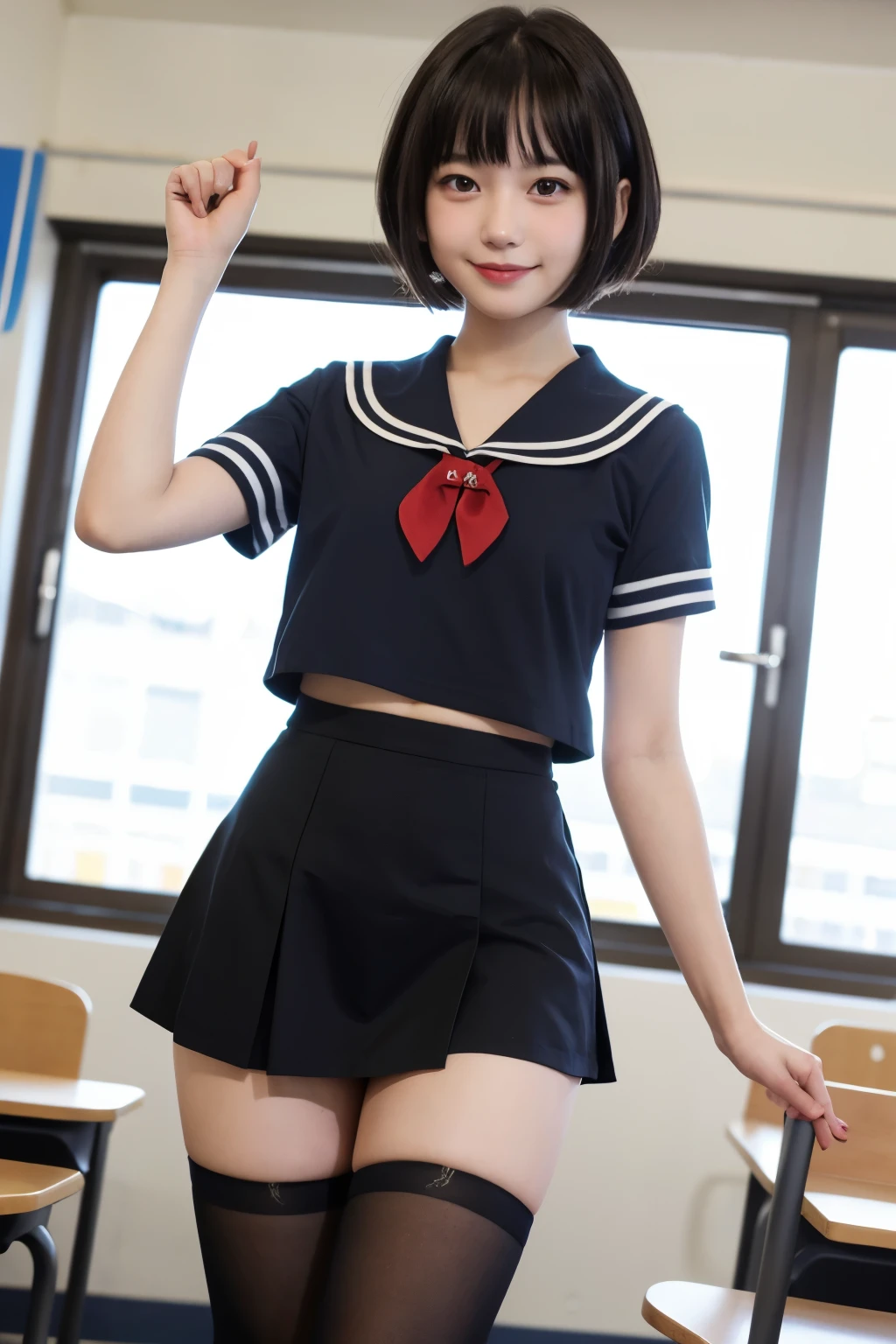 A girl standing in a school classroom,white sailor shirt and navy miniskirt,むちむちなthighs,18-year-old,bangs,a little smile,thighs,share,knees,short cut hair,Low - Angle、black knee highs