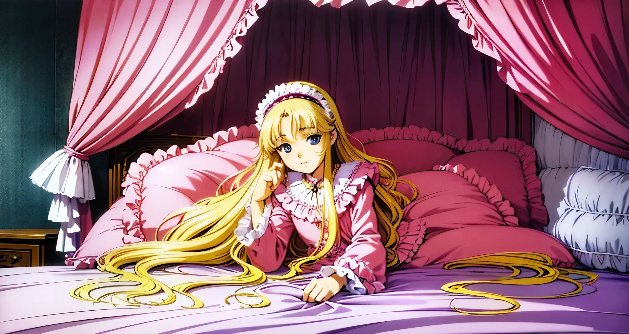 ,highest quality, masterpiece, highest resolution, artwork, super それにget used to it, many get used to it, get used to it, それにget used to it, 3K anime illustration,(( 10 year old girl)),Super detailed baby face,high quality small face,long blonde hair that grows to the waist,blue eyes,白い肌のeuropean,pajamas, european,(((super long blonde hair))),curly hair,blue eyes,((((ピンクのロリータファッションのlong skirtのワンピースドレス)))),((Pink dress with plenty of frills and ribbons)),((Luxurious headdress with frills and ribbons)),Detailed headdress,,(((big yoke collar))),Yoke collar with ruffles and ribbons,((((long sleeve)))),ruffle sleeves,((((long skirt)))),white ruffle and lace socks,large frill and ribbon pillow,(((fine pink costume))),豪華なcanopy bedの上,canopy bed,The bed is surrounded by luxurious curtains,many frilly pillows on the bed,A lot of frilly pillows behind the girl,super detailed background,detailed bed,soft pink comforter,Super detailed soft ruffle pillow,Beautiful girl illustration,super detailed beautiful face,detailed hair,detailed eye ,super detailed eyes,Super detailed eye highlights,super detailed mouth, arm details,fine hands,Detailed pillow,wide bed,Illustration on the bed, ,((((round futon)))),((((A large ruffled futon that covers the entire bed)))),detailed comforter,detailed bedシーツ,Before bedtime,romantic atmosphere,palace bedroom,((((The lower half of the body is hidden under the futon and the puffy skirt...)))) The girl is leaning on a pile of pillows, ,((((round futon)))),((((A large futon with frills that covers the entire bed)))),