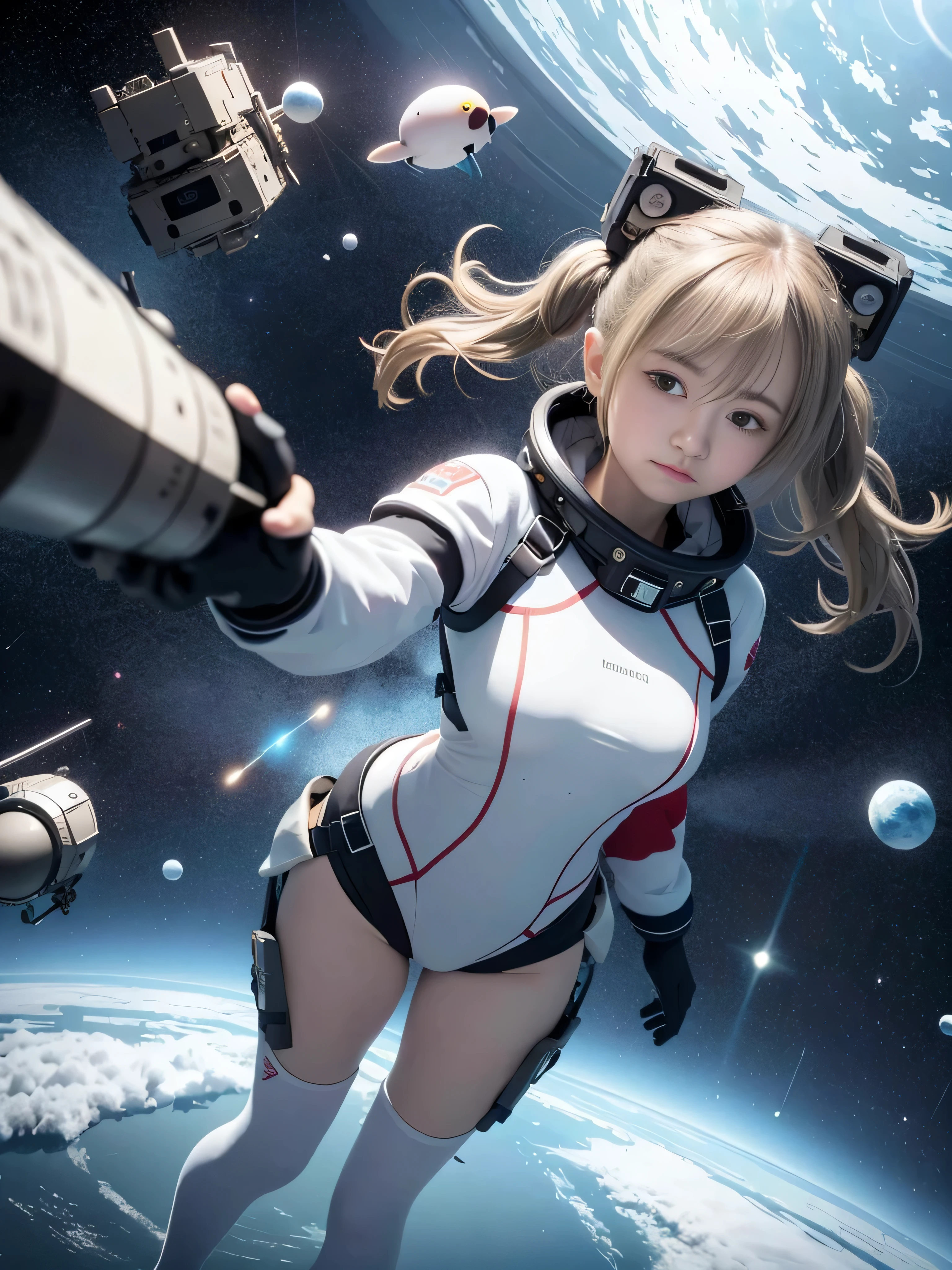 (RAW image quality:1.4), Unorganized solutions, High resolution, (masterpiece:1.4), Super detailed, 1 girl, floating hair、fluffy, universe服を着て, seen from above, universe, floating, satellite, universe空間での運用, wide angle lens distortion