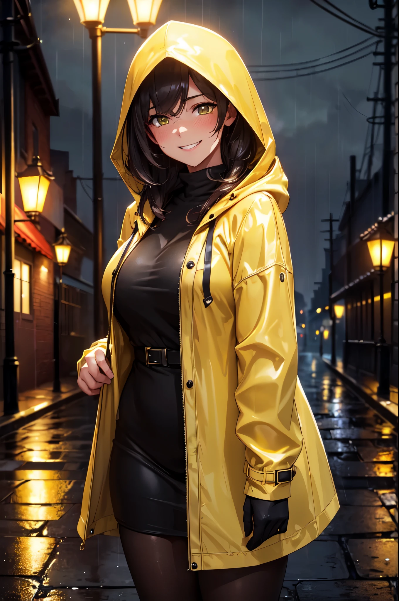 (High quality, High resolution, Fine details), Midnight Alley, (Under a single streetlight:1.2), raining, Yellow raincoat, wears a hood, solo, curvy women, sparkling eyes, (Detailed eyes:1.2), grin, blush, Sweat, Oily skin, (Dark atmosphere:1.4), shallow depth of field
