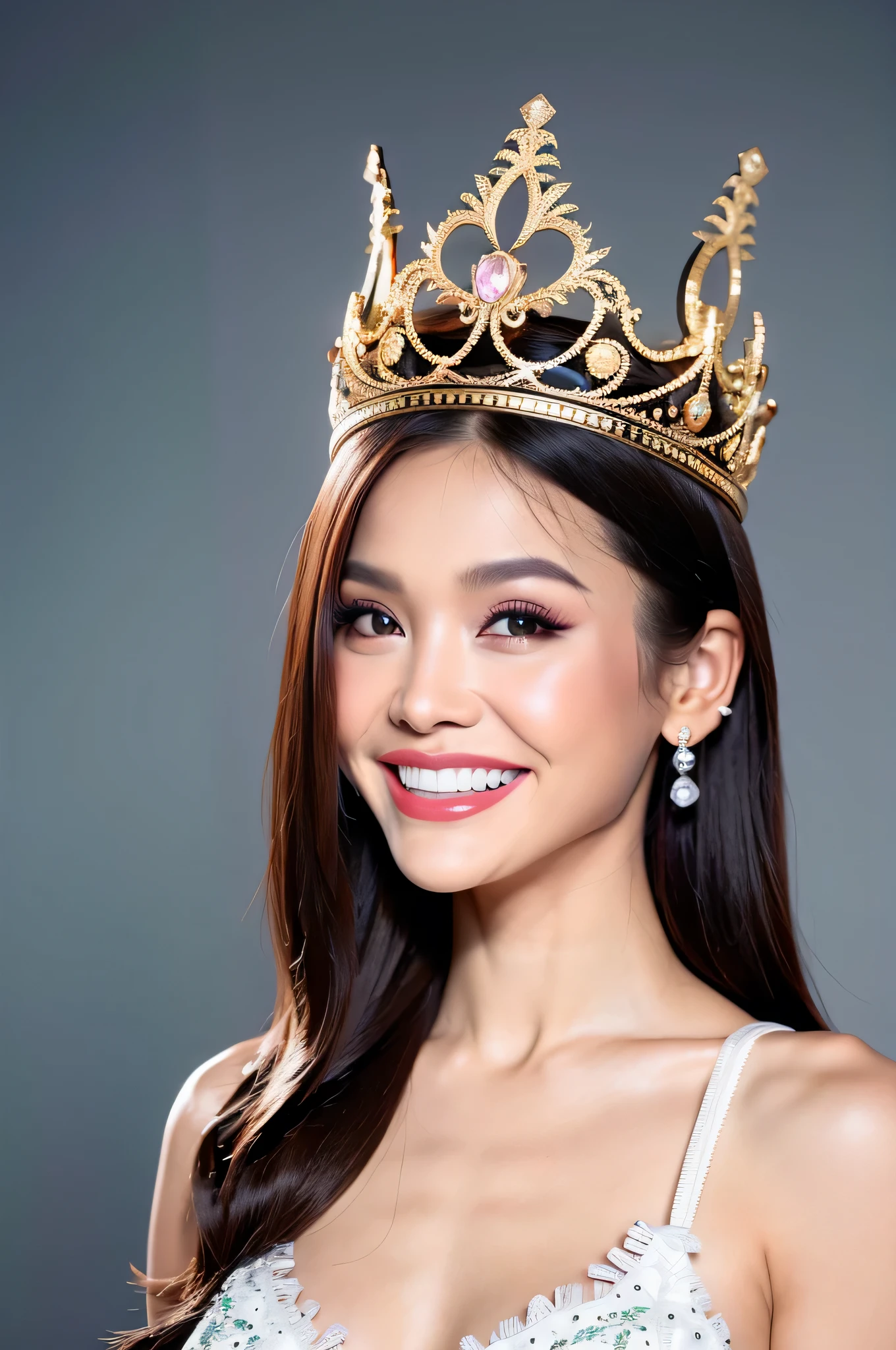 1 girl, long hair, white dress, smile, tooth, decorations, upper body, earring, crown, crown, gem, (Isolated on dark gray background.:1.2), stand, from the front, (soft light:1.2), Shot with Canon EOS 5D, best quality, Ultra high resolution, (realistic:1.4), Masterpiece, real life skin, hyperreal, attitude, Beautiful eyes and detailed faces