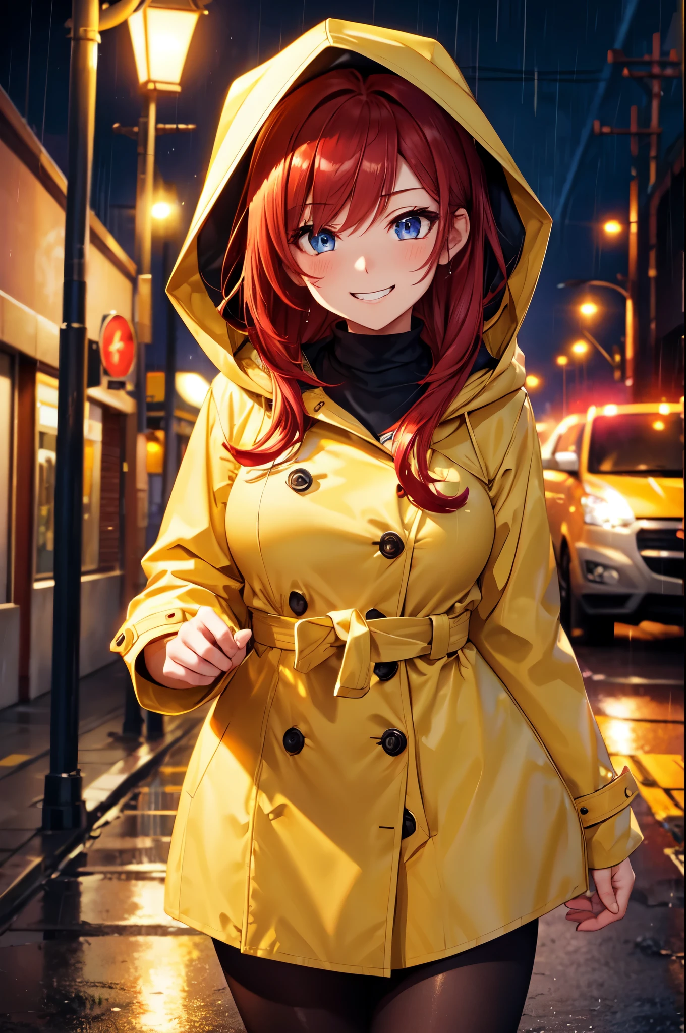 (High quality, High resolution, Fine details), Midnight Alley, (only one streetlight), (Under the streetlight), raining, BREAK (Yellow raincoat), wears a hood, solo, curvy women, BREAK red hair, sparkling eyes, (Detailed eyes:1.2), grin, blush, Sweat, Oily skin, (Dark atmosphere:1.2), shallow depth of field