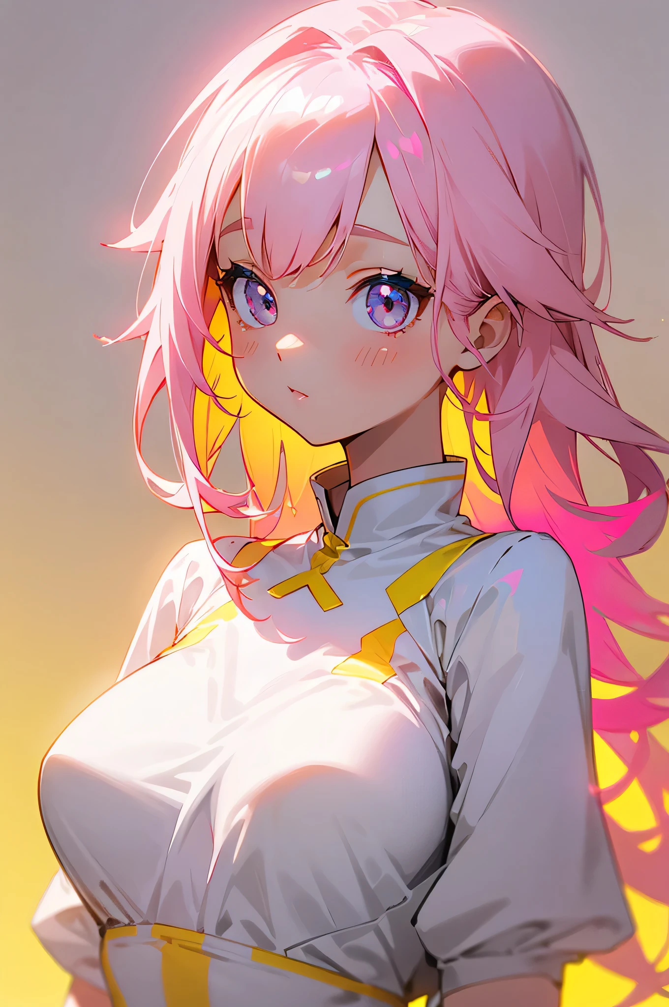 Fantastic shiny light pink yellow hair,neon,Pink and yellow with white clothes,The body is frontal、Upper body、simple clothes、Milky,The eyes are pink-yellow,It's a cute girl