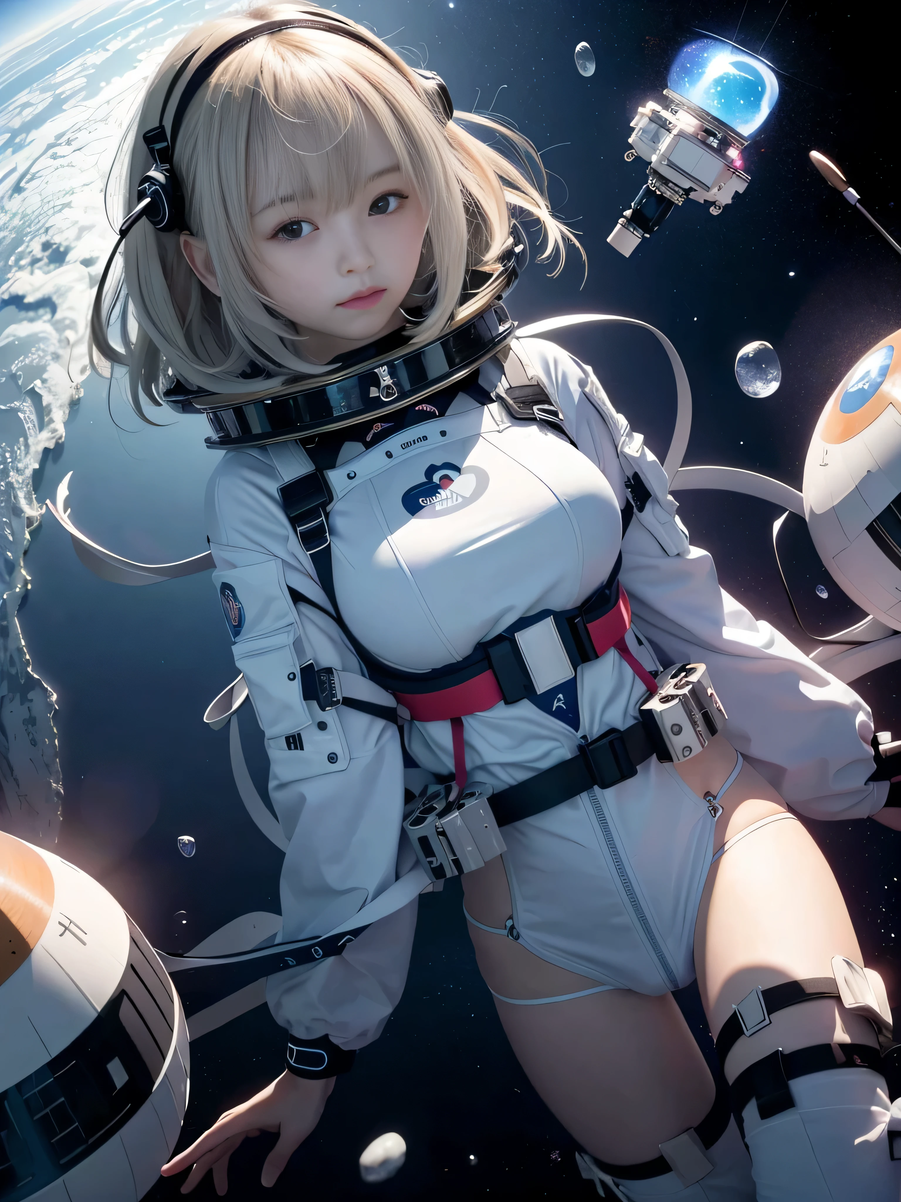 (RAW image quality:1.4), Unorganized solutions, High resolution, (masterpiece:1.4), Super detailed, 1 girl, floating hair、fluffy, universe服を着て, seen from above, universe, floating, satellite, universe空間での運用, wide angle lens distortion