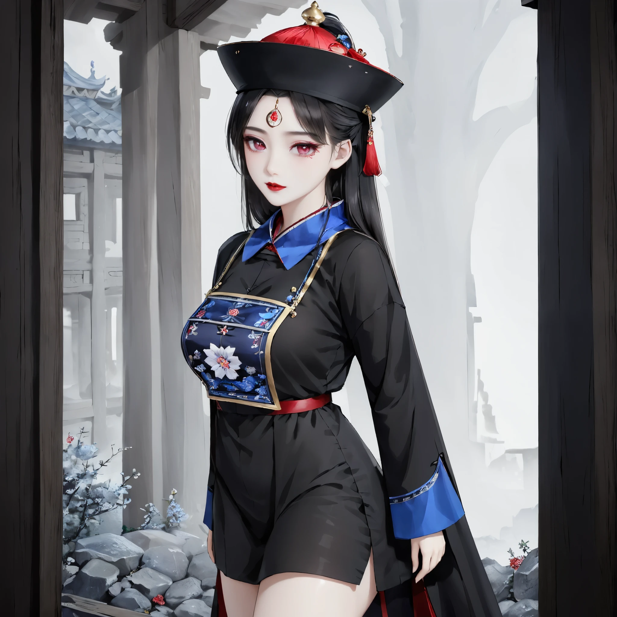 ((masterpiece)), ((best quality)), 8k, high detail, Super detailed, intricate details, illustration, fantasy, Surrealism, ((1 girl:1.2)), alone, Describe the Chinese-style Jiang girl,  Jiang&#39;s girl clothing, (The imperial paper on the head), dressed in traditional garments, (night setting:1.2), (Ancient village ruins:1.1), (weird atmosphere), Chiang girl pose, (old charm:0.8),Detailed description, (Moonlight night), (mysterious mist), (traditional charm), (delicate eyes:1.1), (black hair), (pale skin), (red lips), balanced composition, lights under moonlight, Visual effects with eerie details, Maxon Cinema 4D,extra large breasts，exaggerated movements