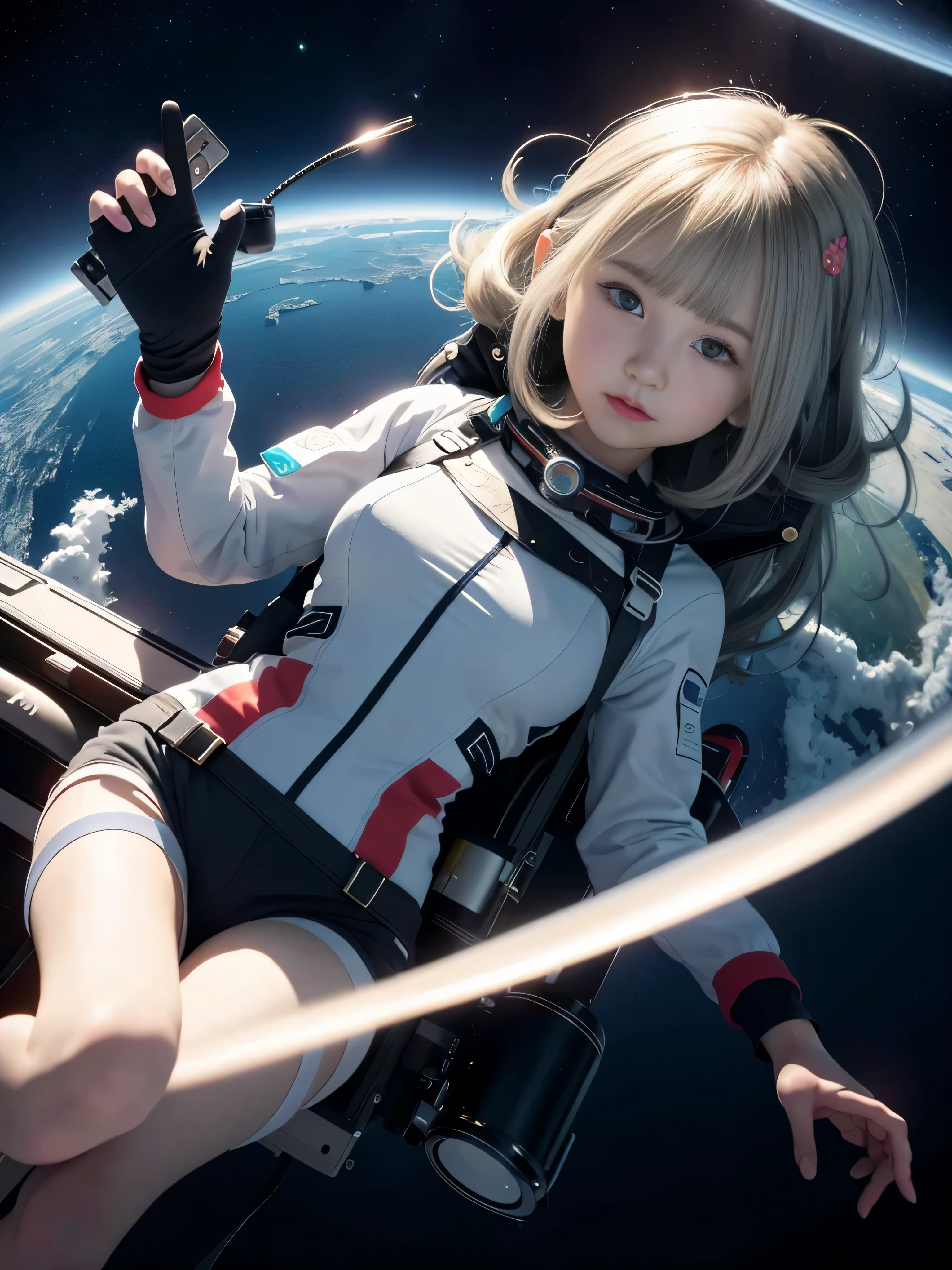 (RAW image quality:1.4), Unorganized solutions, High resolution, (masterpiece:1.4), Super detailed, 1 girl, floating hair、fluffy, universe服を着て, seen from above, universe, floating, satellite, universe空間での運用, wide angle lens distortion