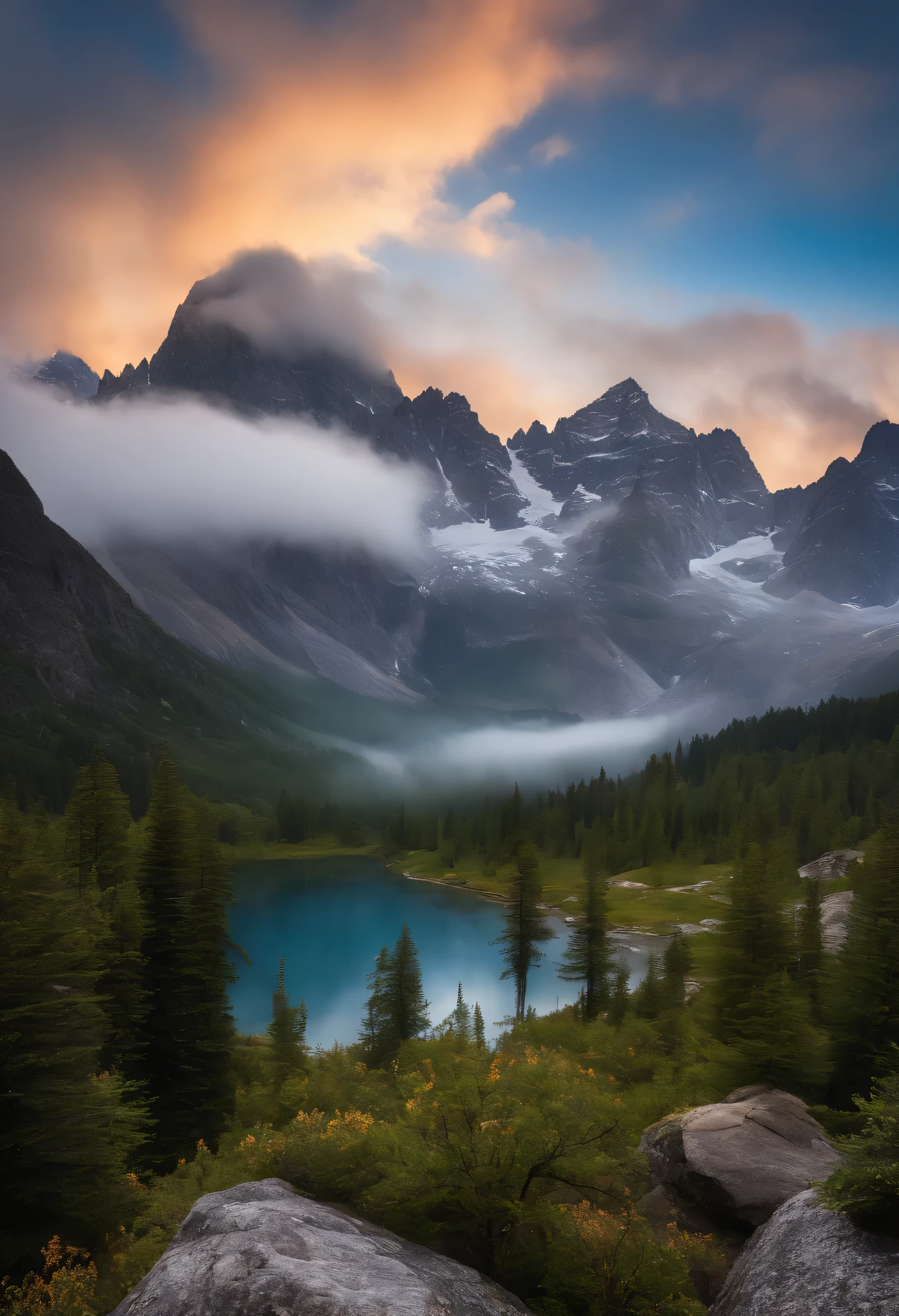 Majestic mountain peaks rise from the clouds, undulating Xuefeng, shrouded in mist, rugged scenery, Magnificent high altitude boulders, cliff, Dense vegetation, crystal clear stream, mountain lake, glacier, Xuefeng, Rocky canyon, Beautiful sunrise and sunset, mountains