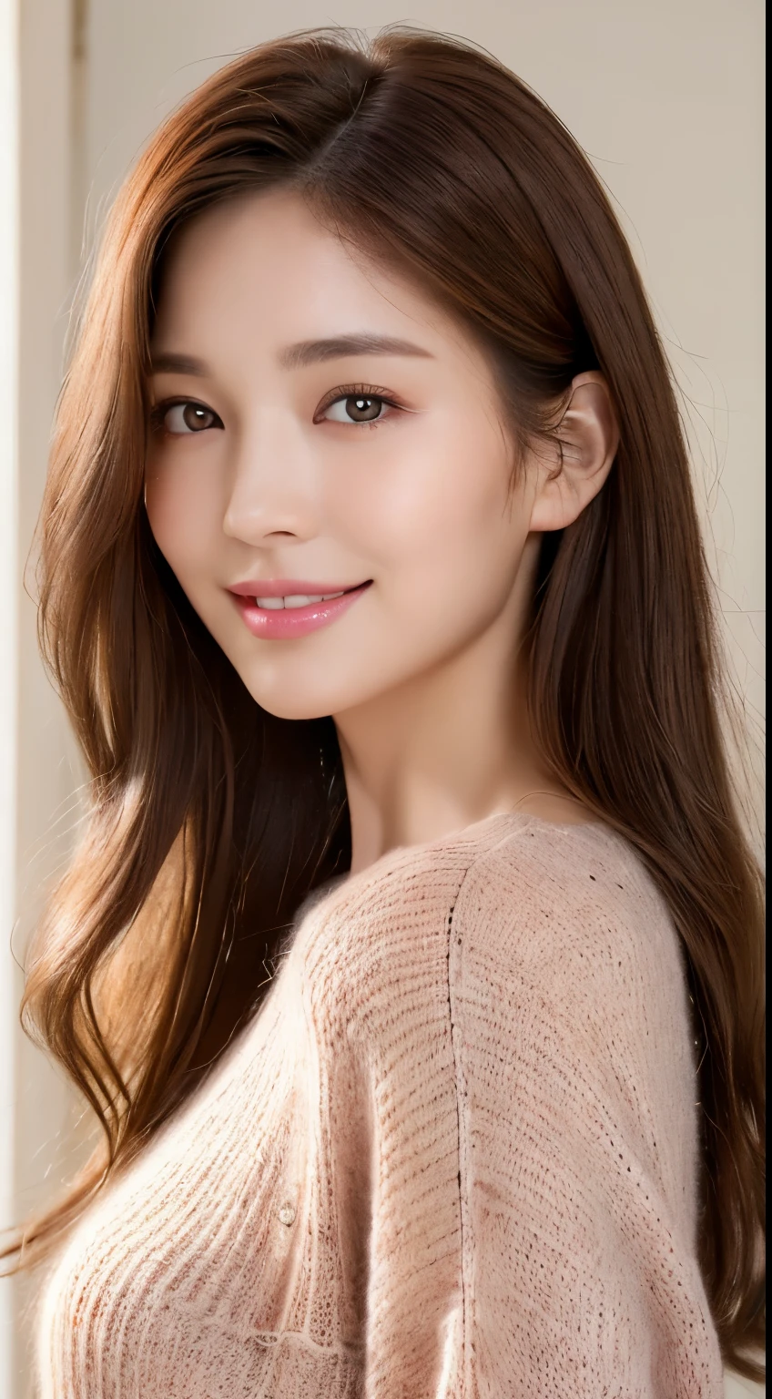 ((realistic light, best quality, 8k, masterpiece: 1.3)), 1 35 year old woman, slender beauty: 1.4, (brown hair, medium breasts: 1.3), pink long sweater: 1.1, , Super thin face, exquisite eyes, double eyelids, Smile,