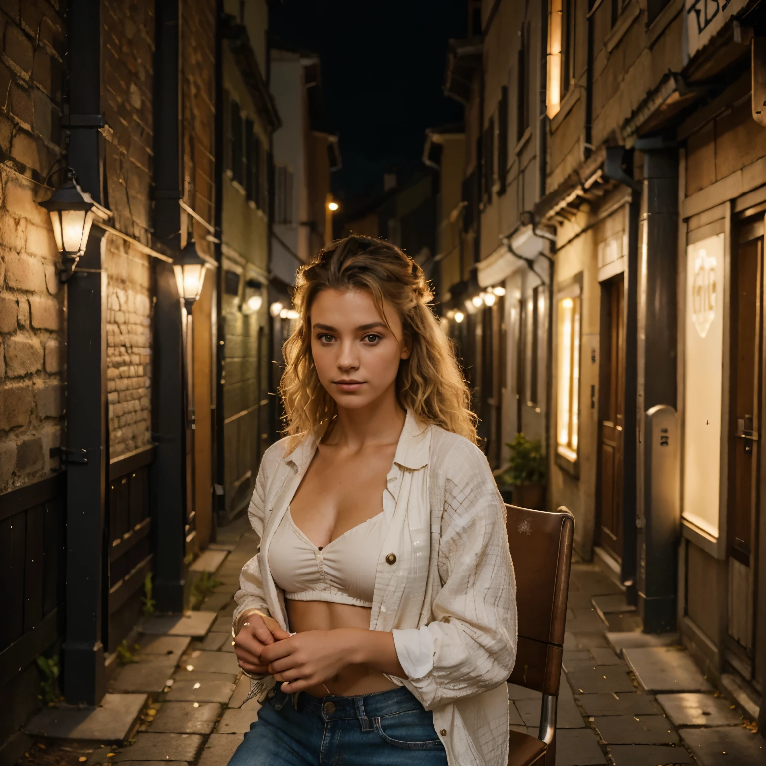 photographie, une femme, marche dans une ruelle la nuit, (expression faciale troublée), textured skin, chair de poule, cheveux afro blonds, chemise en flanelle à carreaux avec un jean boyfriend vieilli, tir de cow-boy, (aux chandelles,clair-obscur), Support 160 couleurs, shot on ARRI ALEXA 65, Bokeh, mise au point nette sur le sujet, poitrine, mince et musclée