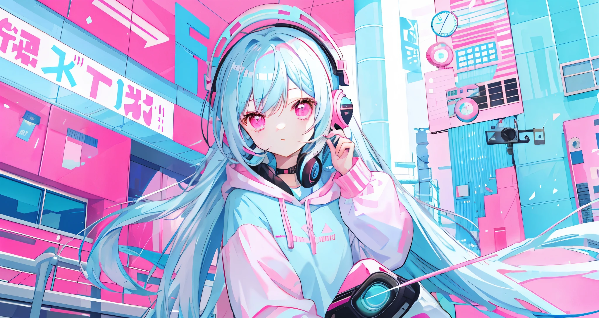 light blue long hair，Pink and white sweatshirt，pink eyes，black headphones，Lollipop in mouth