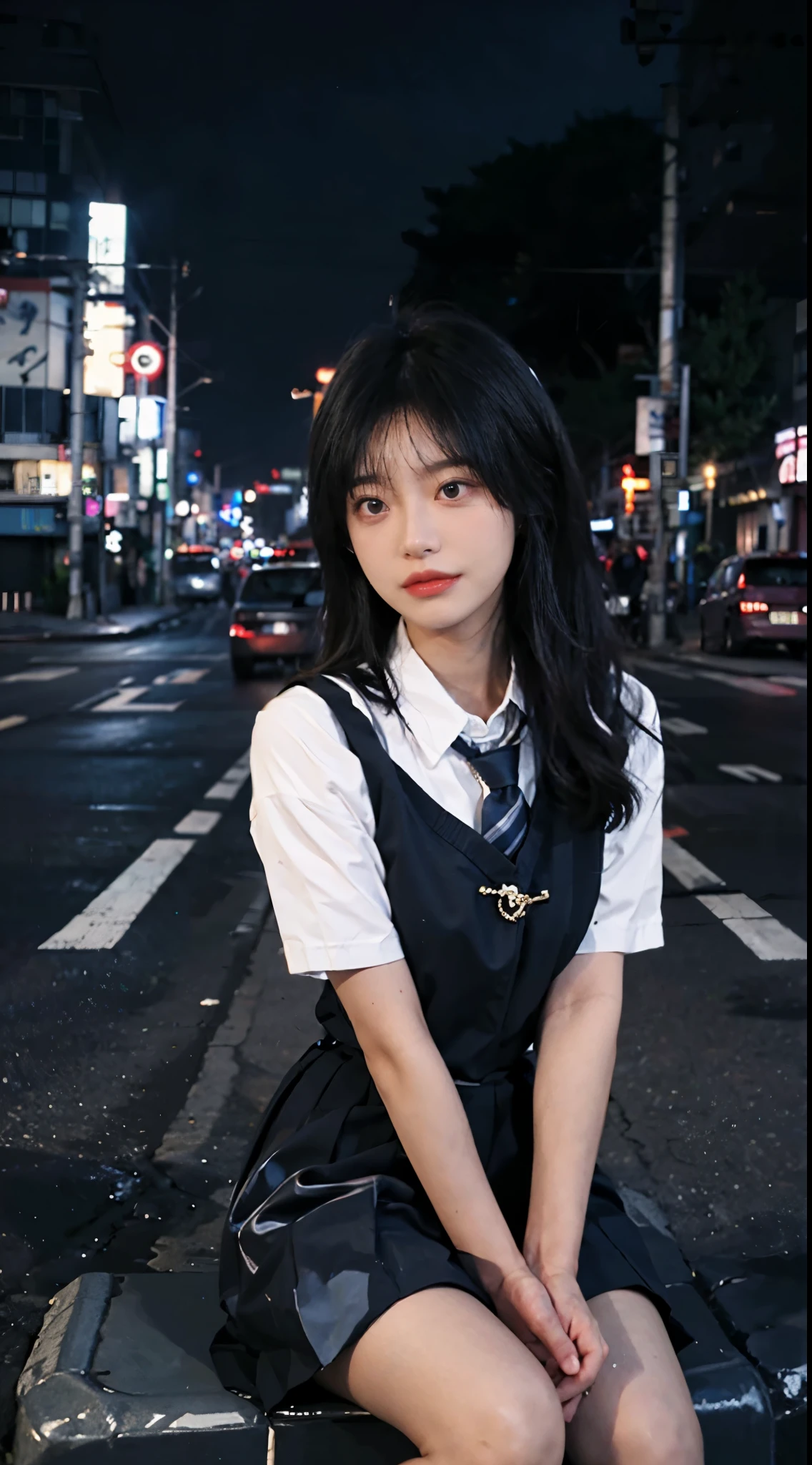 best qualtiy， ultra high resolution， （realisticlying：1.4），（natta），（looking at viewert：1.331），（whaite hair），posing on a，Tokyo Street，nightcityscape，Cyberpunk-city，the soft light，1girll，Extremely beautiful face，chest circumference，putdownhands，random hair style，Random expressions，largeeyes，Alvine，（short- sleeved。JK_shirt）， JK_Style， （Dark blue jk_Skirt）， （Bow jk_tie）， mix4.， best qualtiy