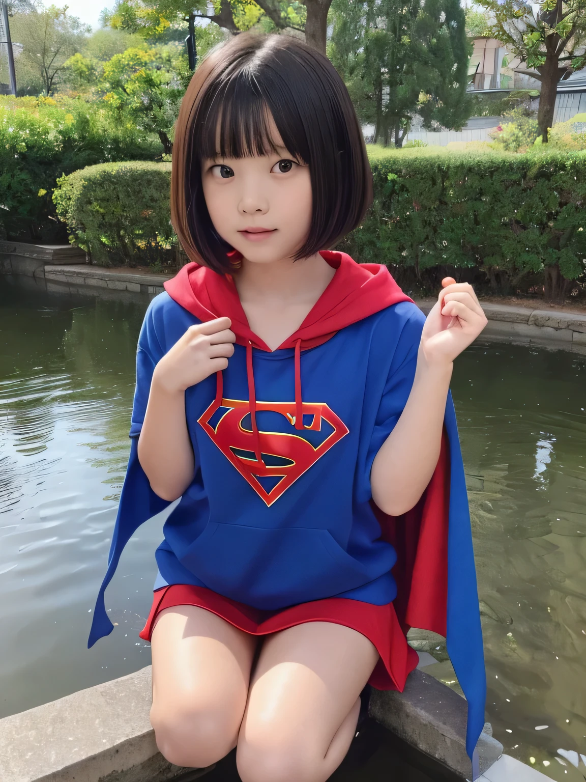  squats in a pond wearing Supergirl clothes.、Spreading black hair、bob cut with trimmed ends、(flat chest)、lolicon、Highest、short sleeve、red cloak、(whole body)、embarrassing、10 years old、
break, extrransparency, (symmetrical eyes:1.3),
break, (temple, bell:1.3),
break, (masterpiece, Highest品質, Super detailed, 8k)