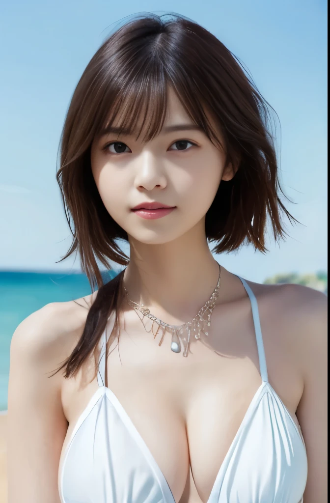 (highest quality、High resolution、masterpiece:1.3)、tall and cute woman、big and full breasts、loose wavy dark brown hair、brain out、necklace、white bikini、(background coast)、Precisely expresses details such as face and skin texture、detailed eye、double eyelid、light smile、whole body、short cut hair、Upper body