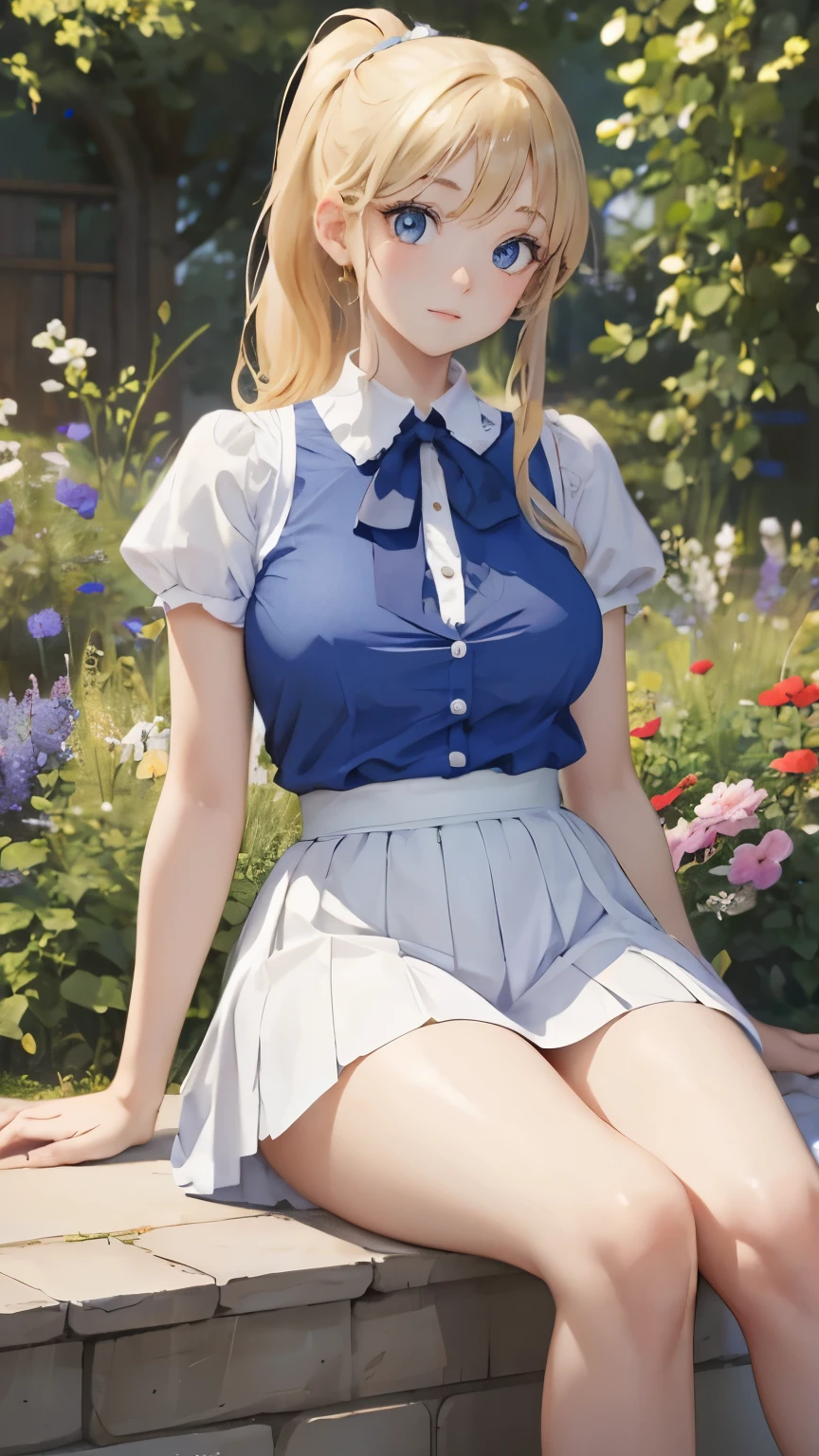 (masterpiece:1.2), (highest quality:1.2),, Curvy but slender body, perfect eyes, perfect face, perfect lighting, 1 girl, in the garden, （blouse），（I can see your feet），（whole bodyショット），（ruffle skirt），（bowl cut），curly hair, fine clothes, detailed outdoor background, compensate, eye shadow, thick eyelashes, fantasy, looking at the viewer, whole body、blue sky、Bright and very beautiful face、young shiny glossy white shiny skin、the best beauty、the most beautiful bright blonde hair in the world、thin hair、short hair、Shining beautiful bangs、big shining blue eyes、Very beautiful and lovely 18 years old, the most beautiful girl in the world、gigantic breasts, ((emphasis on extremely Hairy around the pussy:1.5)), (spread legs:1.5), (nude), (pussy), (anal), ((extremely hairy pussy)), ((extremely hairy pubic hair)), (((Extensive growth of pussy hair))),