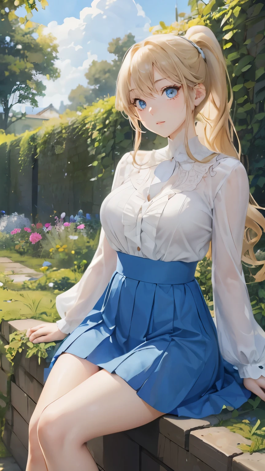 (masterpiece:1.2), (highest quality:1.2),, Curvy but slender body, perfect eyes, perfect face, perfect lighting, 1 girl, in the garden, （blouse），（I can see your feet），（forward leaning posture），（ruffle skirt），（ponytail），curly hair, fine clothes, detailed outdoor background, compensate, eye shadow, thick eyelashes, fantasy, looking at the viewer, whole body，alice in wonderland、blue sky、Bright and very beautiful face、young shiny glossy white shiny skin、the best beauty、the most beautiful bright blonde hair in the world、thin hair、long hair、Shining beautiful bangs、big shining blue eyes、Very beautiful and lovely 18 years old, the most beautiful girl in the world、small breasts