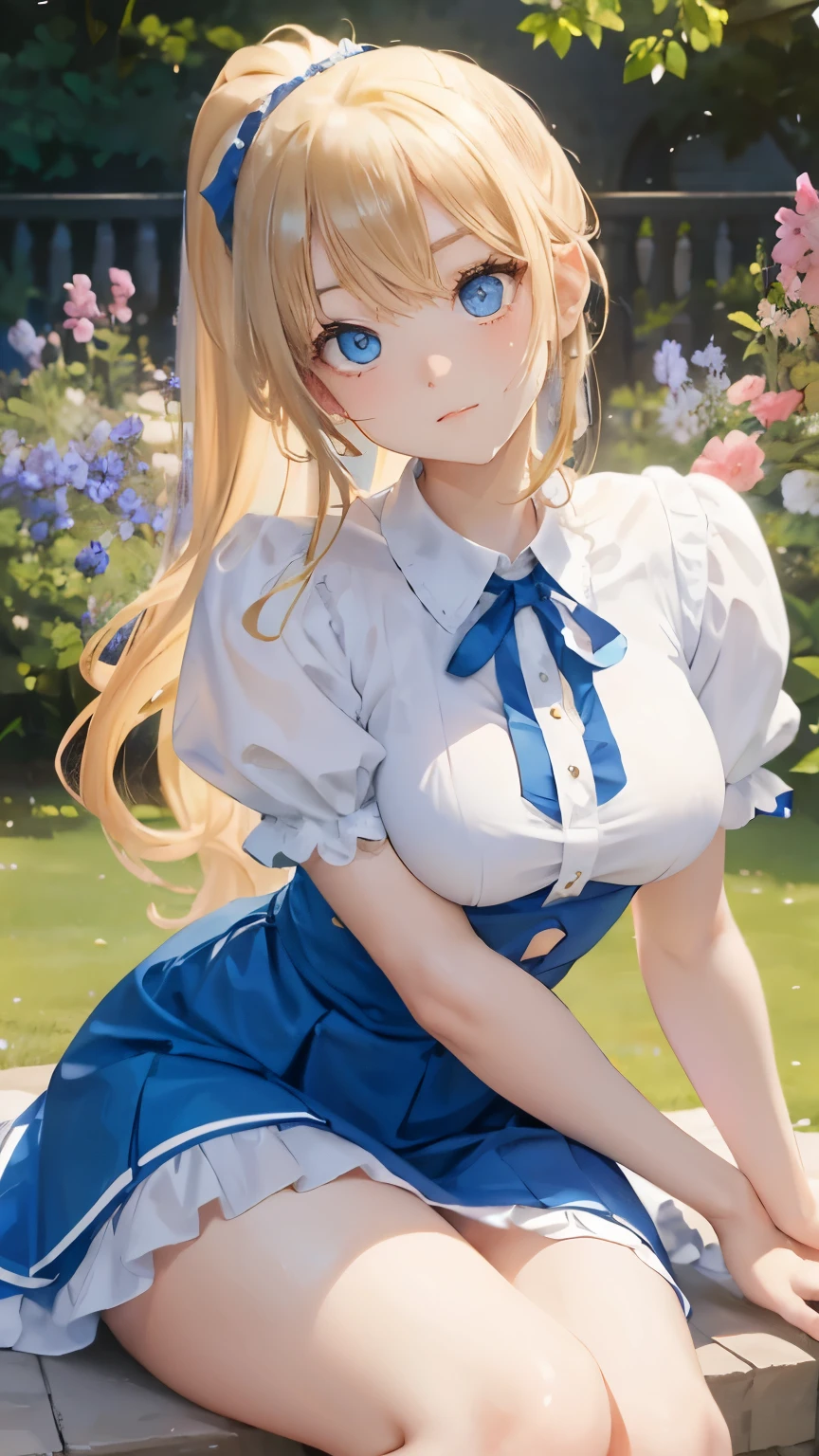(masterpiece:1.2), (highest quality:1.2),, Curvy but slender body, perfect eyes, perfect face, perfect lighting, 1 girl, in the garden, (blouse),(I can see your feet),(forward leaning posture),(ruffle skirt),(ponytail),curly hair, fine clothes, detailed outdoor background, compensate, eye shadow, thick eyelashes, fantasy, looking at the viewer, whole body,alice in wonderland、blue sky、Bright and very beautiful face、young shiny glossy white shiny skin、the best beauty、the most beautiful bright blonde hair in the world、thin hair、long hair、Shining beautiful bangs、big shining blue eyes、Very beautiful and lovely 18 years old, the most beautiful girl in the world、small breasts