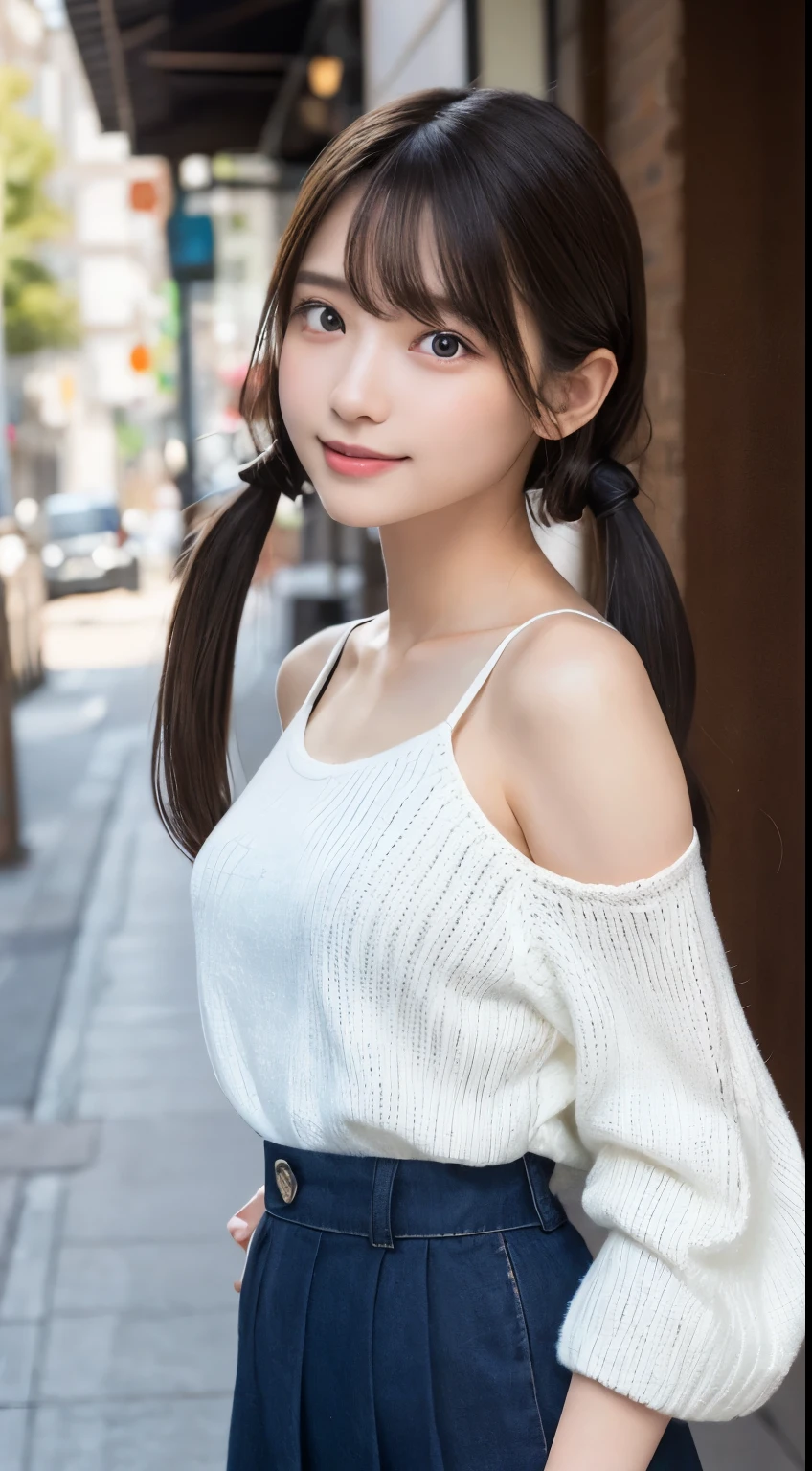 nfsw、table top、masterpiece、1 girl、(close up of face、cowboy shot)、View from the front、Japanese、very young cute woman、(the cutest girl in the world)、15 year old student、face becomes smaller、big and full breasts、autumn knit jacket、sheer inner、chiffon skirt、Super detailed costume、smile at the cafe、Scrunchie、thin necklace、glamorous look、super cute face、glossy lips、double eyelids in both eyes、 natural makeup、long eyelashes、shiny smooth light brown hair、bangs、short hair with twin tails、非対称のbangs、center image、8K resolution、advanced details、detailed hairstyle、detailed face、great movie lighting、octane rendering、vibrant、Super realistic、perfect limbs、perfect anatomy