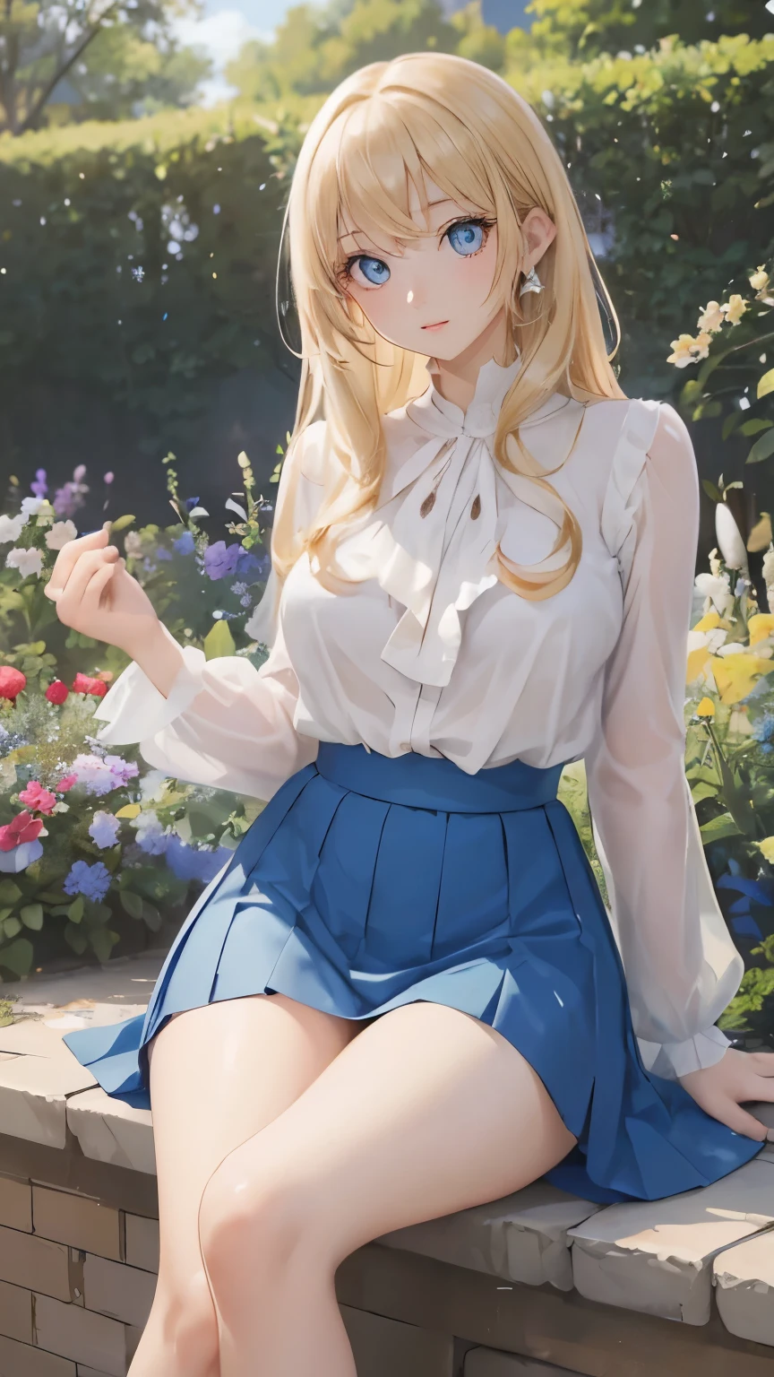 (masterpiece:1.2), (highest quality:1.2),, Curvy but slender body, perfect eyes, perfect face, perfect lighting, 1 girl, in the garden, (blouse),(I can see your feet),(whole bodyショット),(ruffle skirt),(bowl cut),curly hair, fine clothes, detailed outdoor background, compensate, eye shadow, thick eyelashes, fantasy, looking at the viewer, whole body、blue sky、Bright and very beautiful face、young shiny glossy white shiny skin、the best beauty、the most beautiful bright blonde hair in the world、thin hair、long hair、Shining beautiful bangs、big shining blue eyes、Very beautiful and lovely 18 years old, the most beautiful girl in the world、small breasts
