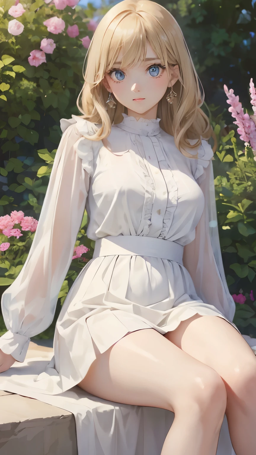 (masterpiece:1.2), (highest quality:1.2),, Curvy but slender body, perfect eyes, perfect face, perfect lighting, 1 girl, in the garden, (blouse),(I can see your feet),(whole bodyショット),(ruffle skirt),(bowl cut),curly hair, fine clothes, detailed outdoor background, compensate, eye shadow, thick eyelashes, fantasy, looking at the viewer, whole body、blue sky、Bright and very beautiful face、young shiny glossy white shiny skin、the best beauty、the most beautiful bright blonde hair in the world、thin hair、long hair、Shining beautiful bangs、big shining blue eyes、Very beautiful and lovely 18 years old, the most beautiful girl in the world、small breasts
