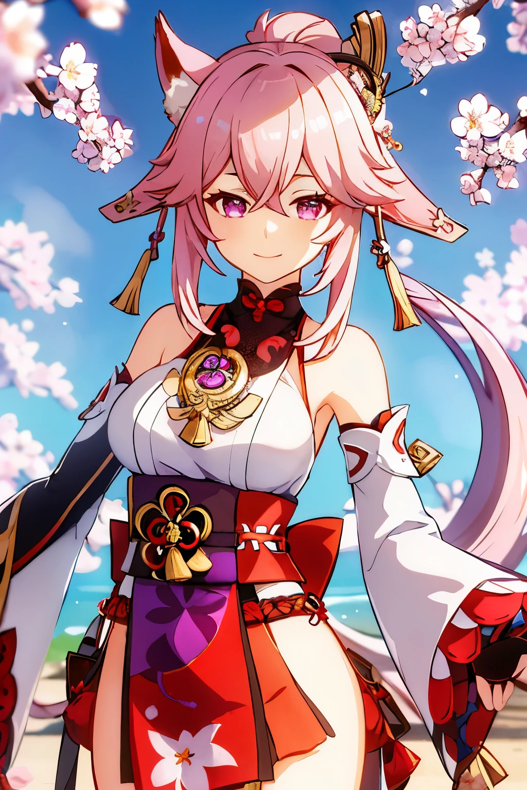 masterpiece, best quality, 1girl, solo, upper body, genshin impact, yae miko, 1girl, animal ears, branch, breasts, cherry blossoms, closed mouth, cowboy shot, earrings, flower, fox ears, japanese clothes, jewelry, long hair, looking at viewer, medium breasts, nontraditional miko, outdoors, pink hair, purple eyes, purple flower, ribbon-trimmed sleeves, ribbon trim, sidelocks, smile, solo, wide sleeves, dynamic pose, genshin,