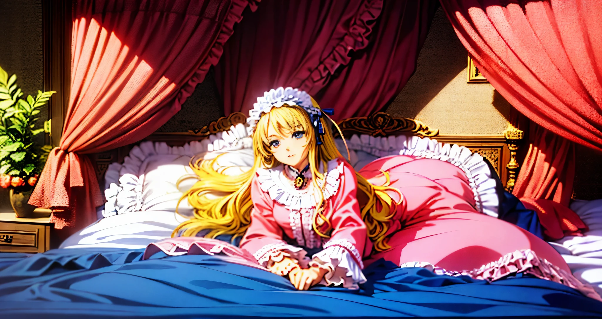 ,highest quality, masterpiece, highest resolution, artwork, super それにget used to it, many get used to it, get used to it, それにget used to it, 3K anime illustration,(( 10 year old girl)),Super detailed baby face,high quality small face,long blonde hair that grows to the waist,blue eyes,白い肌のeuropean,pajamas, european,(((super long blonde hair))),curly hair,blue eyes,((((ピンクのロリータファッションのlong skirtのワンピースドレス)))),((Pink dress with plenty of frills and ribbons)),((Luxurious headdress with frills and ribbons)),Detailed headdress,,(((big yoke collar))),Yoke collar with ruffles and ribbons,((((long sleeve)))),ruffle sleeves,((((long skirt)))),white ruffle and lace socks,large frill and ribbon pillow,(((fine pink costume))),豪華なcanopy bedの上,canopy bed,The bed is surrounded by luxurious curtains,many frilly pillows on the bed,A lot of frilly pillows behind the girl,super detailed background,detailed bed,soft pink comforter,Super detailed soft ruffle pillow,Beautiful girl illustration,super detailed beautiful face,detailed hair,detailed eye ,super detailed eyes,Super detailed eye highlights,super detailed mouth, arm details,fine hands,Detailed pillow,wide bed,Illustration on the bed, ,((((round futon)))),((((A large ruffled futon that covers the entire bed)))),detailed comforter,detailed bedシーツ,Before bedtime,romantic atmosphere,palace bedroom,((((The lower half of the body is hidden under the futon and the puffy skirt...)))) The girl is leaning on a pile of pillows, ,((((round futon)))),((((A large futon with frills that covers the entire bed)))),