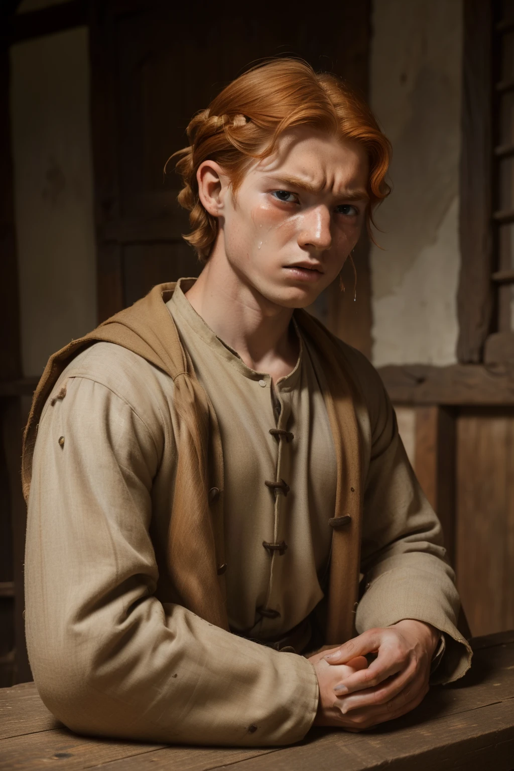 England, 1337. A young ((((16-year-old)) Wulfric)), rustic boy, strong, angular features, serious, kind, in the farmhouse, ((((heartbreak expression, crying)))). ((((clothings from the 1300s)))), ((ginger hairstyle of the 1300s))