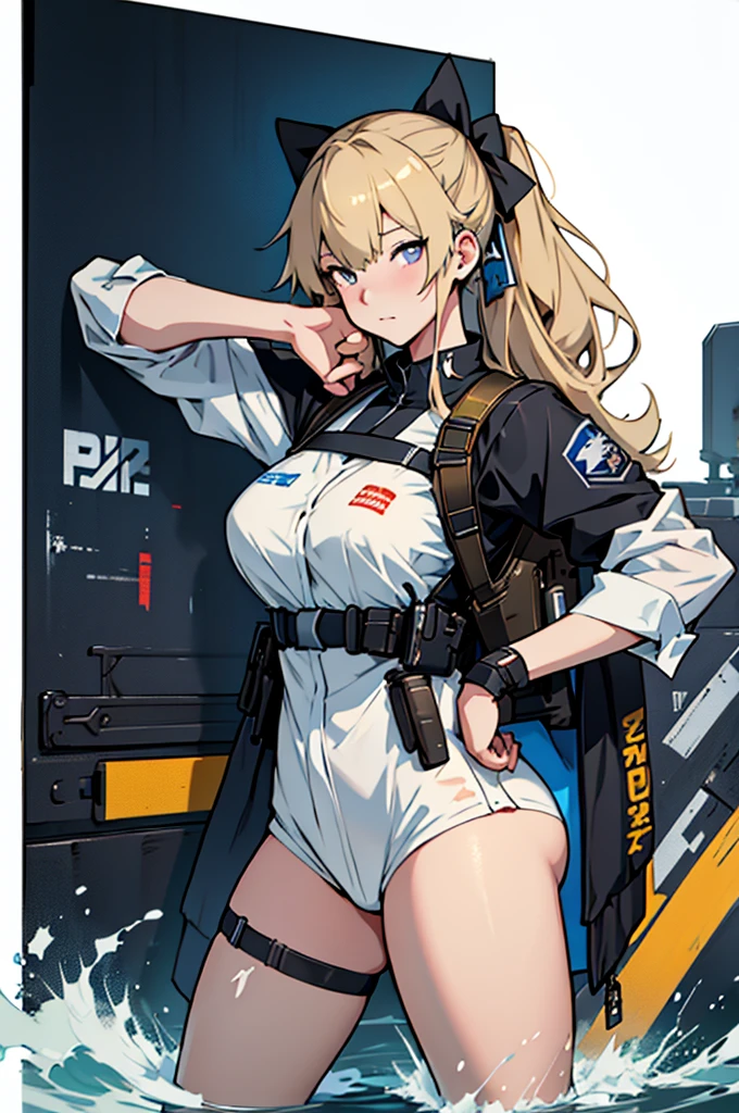 Anime girl holding a blue bow and giving a peace sign, A painting by Kim Jeong-hee, Featured on Pixiv, auto-destructive art, from girls frontline, fine details. girls frontline, girls frontline universe, girls frontline style, girls frontline cg, girls frontline, official artwork, Kantai Collection Style, official art, The strongest pose