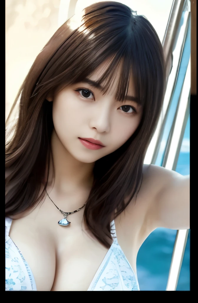 (highest quality、High resolution、masterpiece:1.3)、tall and cute woman、big and full breasts、loose wavy dark brown hair、brain out、necklace、white bikini、(background coast)、Precisely expresses details such as face and skin texture、detailed eye、double eyelid、light smile、whole body、short cut hair、Upper body