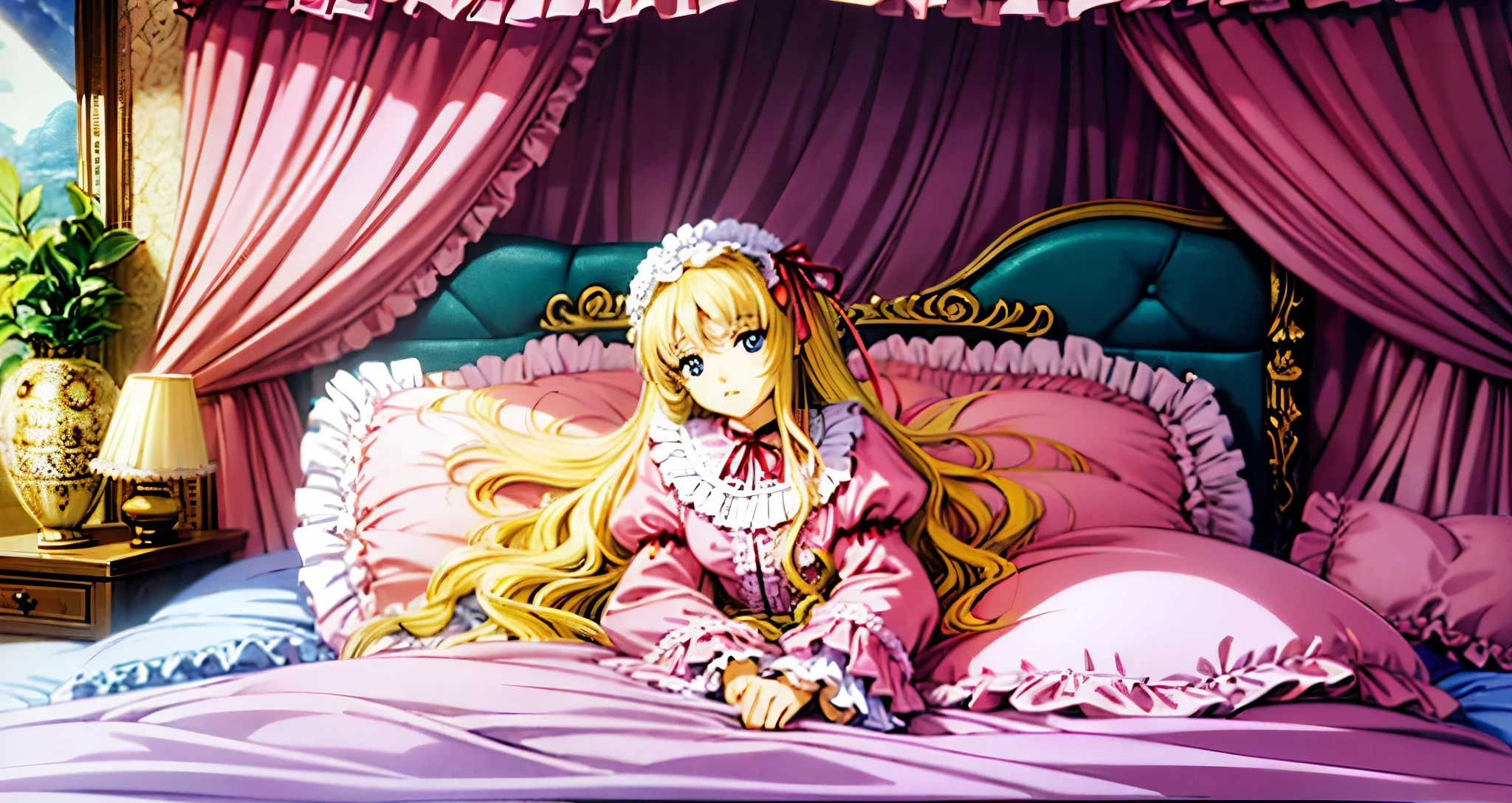 ,highest quality, masterpiece, highest resolution, artwork, super それにget used to it, many get used to it, get used to it, それにget used to it, 3K anime illustration,(( 10 year old girl)),Super detailed baby face,high quality small face,long blonde hair that grows to the waist,blue eyes,白い肌のeuropean,pajamas, european,(((super long blonde hair))),curly hair,blue eyes,((((ピンクのロリータファッションのlong skirtのワンピースドレス)))),((Pink dress with plenty of frills and ribbons)),((Luxurious headdress with frills and ribbons)),Detailed headdress,,(((big yoke collar))),Yoke collar with ruffles and ribbons,((((long sleeve)))),ruffle sleeves,((((long skirt)))),white ruffle and lace socks,large frill and ribbon pillow,(((fine pink costume))),豪華なcanopy bedの上,canopy bed,The bed is surrounded by luxurious curtains,many frilly pillows on the bed,A lot of frilly pillows behind the girl,super detailed background,detailed bed,soft pink comforter,Super detailed soft ruffle pillow,Beautiful girl illustration,super detailed beautiful face,detailed hair,detailed eye ,super detailed eyes,Super detailed eye highlights,super detailed mouth, arm details,fine hands,Detailed pillow,wide bed,Illustration on the bed, ,((((round futon)))),((((A large ruffled futon that covers the entire bed)))),detailed comforter,detailed bedシーツ,Before bedtime,romantic atmosphere,palace bedroom,((((The lower half of the body is hidden under the futon and the puffy skirt...)))) The girl is leaning on a pile of pillows, ,((((round futon)))),((((A large futon with frills that covers the entire bed)))),