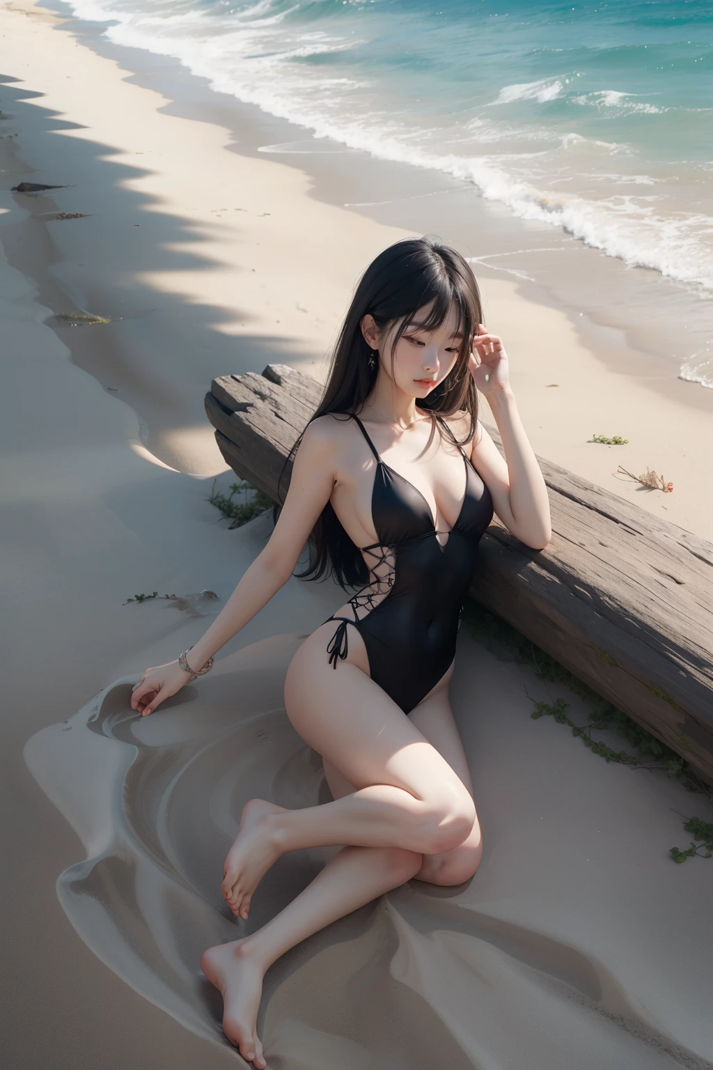  at the seaside，A Chinese girl with glowing white and rosy skin wearing a black swimsuit，Looks like Cyndi Wang，Sleeping flat on the beach，wearing black，overlooking angle，full-body shot，Legs flat on the beach