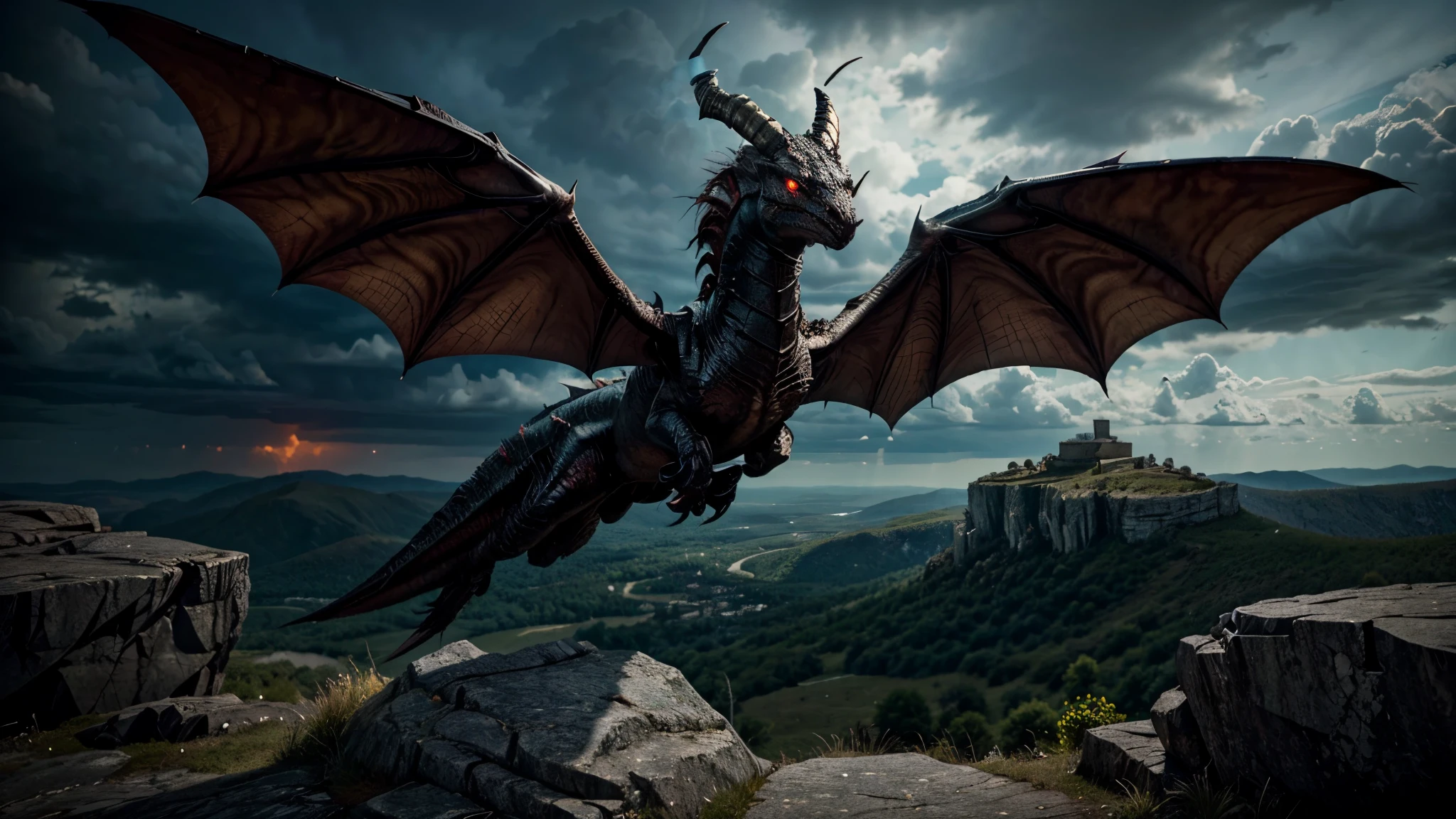 Generate an image depicting a fierce wyvern perched atop a craggy cliff, overlooking a vast and rugged landscape. The wyvern is depicted as a formidable creature with a sinuous, serpentine body covered in iridescent scales, its bat-like wings spread wide in a display of power. Its sharp claws grip the rocky outcrop, while its long, barbed tail coils behind it like a deadly whip. The wyvern's head is adorned with horned ridges and a pair of glowing eyes that gleam with intelligence and menace. Smoke curls from its nostrils as it emits a low, rumbling growl, a warning to any who dare to approach. In the distance, storm clouds gather on the horizon, echoing the wyvern's primal fury and the untamed beauty of the natural world