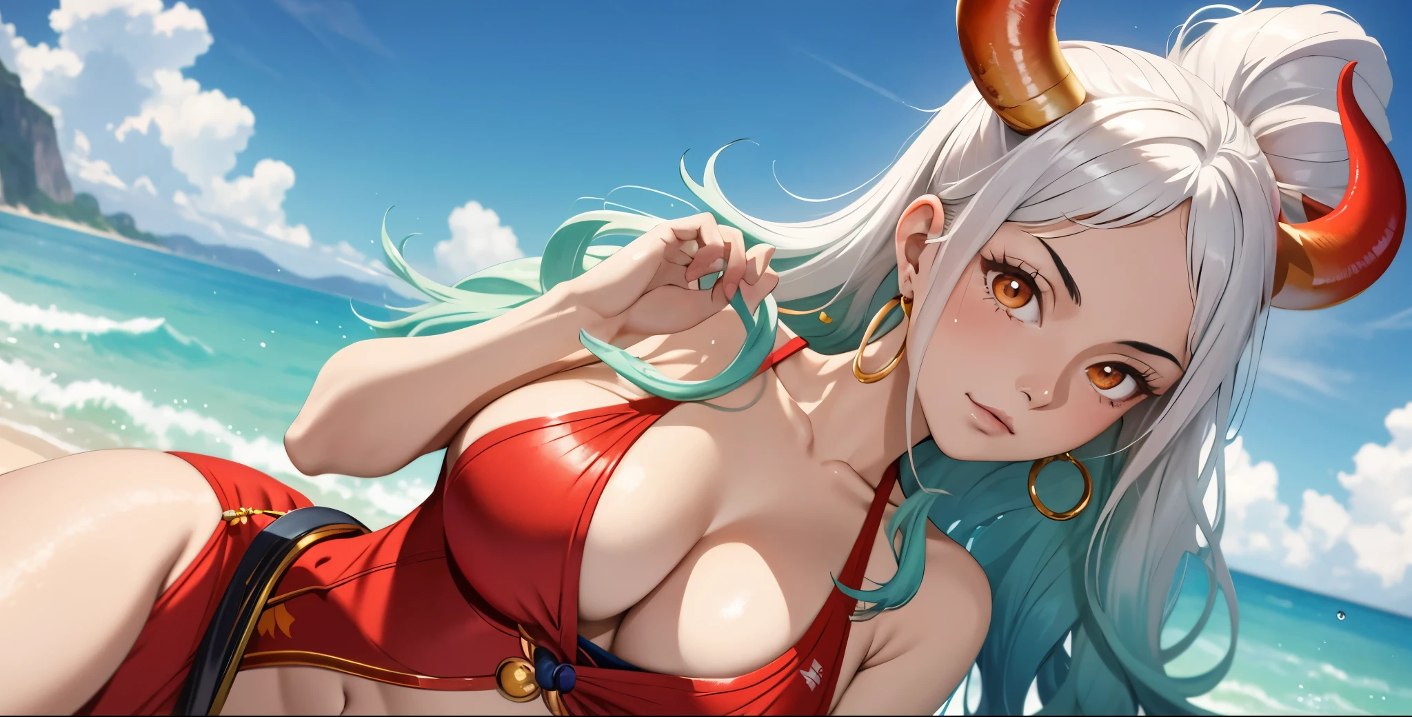 Masterpiece, Best quality, 1womanl, A high resolution, Beautiful girl , yamatowanpi,Large breasts,cleavage,looks into camera,Bust photo,Raised sexy,Be red in the face,Sea background