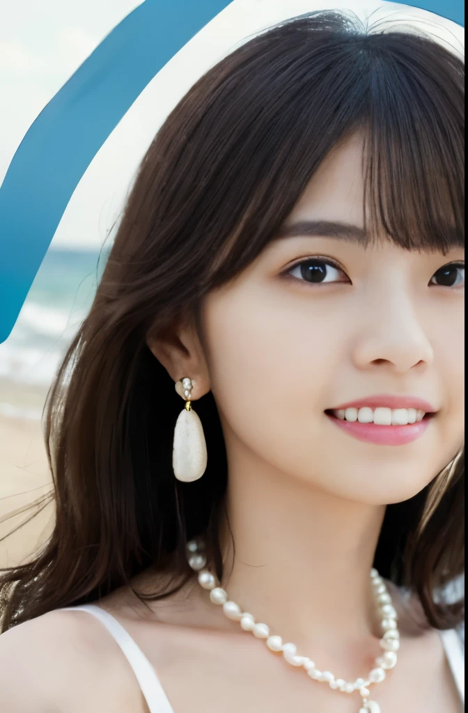 a girl wearing tiny blue sample earring, At the beach, sea, blue sky, sea breeze, half body shoot, Korean, KPOP, happy smile, group, white skin, black hair, jewelry, commercial advertising, white background, laser gradient background, subsurface scattering effect