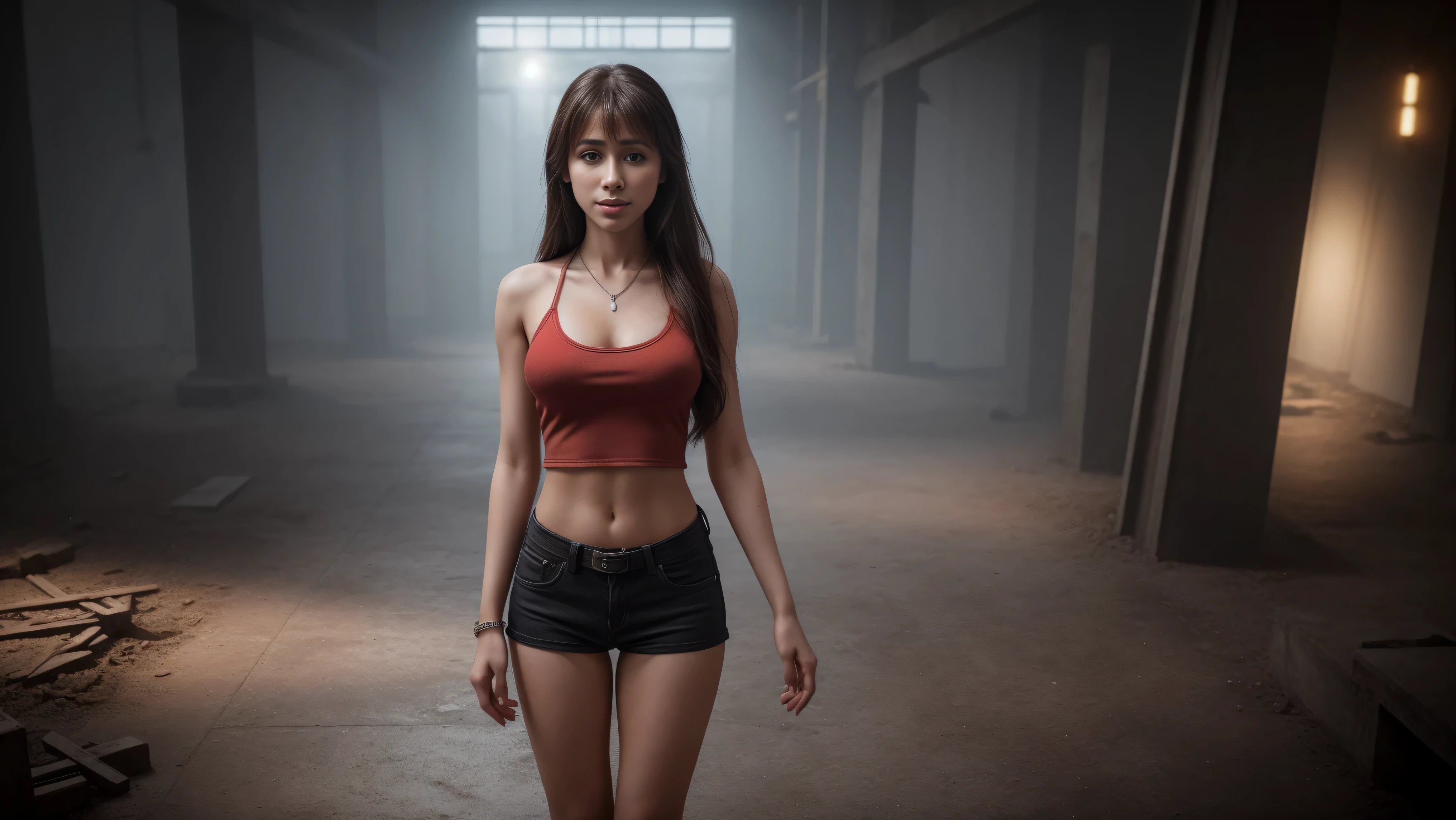 8k, masterpiece, RAW photo, best quality, photorealistic, extremely detailed CG unity 8k wallpaper, Depth of field, Cinematic Light, Lens Flare, Ray tracing, (extremely beautiful face, beautiful lips, beautiful eyes), intricate detail face, ((ultra detailed skin)), ((1girl:1.9)), (((alone:1.9))), ((17years old)), ((seductive pose)), alone in abandoned warehouse, (nobody else:2), deep shadow, (sharp focus), [(((Raiana-Elizabeth-Dilla:1.9)))], ((extremely pretty girl)), (very slim slender fit-muscled body:1.9), ((beautiful legs:1.5)), (sexy ((ultra-short ((red:1.5)) miniskirt and tank-tops with grunge-style))), ((grunge ambience,post-apocalyptic,industrial,urban,rusty metal beams,cracked concrete floor,rock music,high energy)), (blurred background:1.4), beautiful earrings, bracelets, necklace, red pendant, clear eyes, (pale skin), ((whole-body-view:1.9)), ((full-body:1.9, cinematic shot)), soft lighting, (long dark-black hairs), (looking at viewer:1.8), cleavage breasts, (large breasts:1.4), highly detailed, ultra realistic, extremely detailed and realistic ((red:1.5)) clothes.
