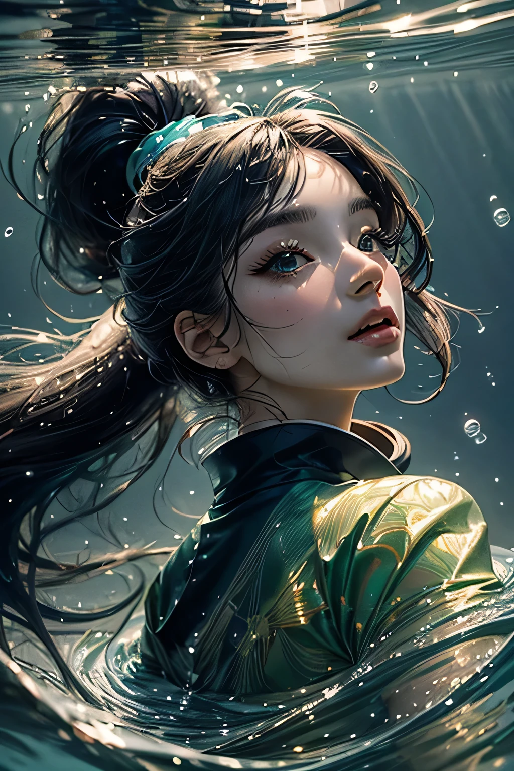 (highest quality,4k,8k,High resolution,masterpiece:1.2),Super detailed,realistic,portrait,fine and beautiful eyes,thick and beautiful lips,highly detailed eyes and face,nude,long eyelashes,young girl,underwater swimming,Immerse yourself in crystal clear water,flowing hair,shining sun light,Glowing bubbles,calm and peaceful atmosphere,graceful movements,Soft and fantastic lighting,emerald green background,bright colors,water ripples,Perfectly captured moments,ponytail,black japanese kimono,Zen atmosphere with purple and blue overall
