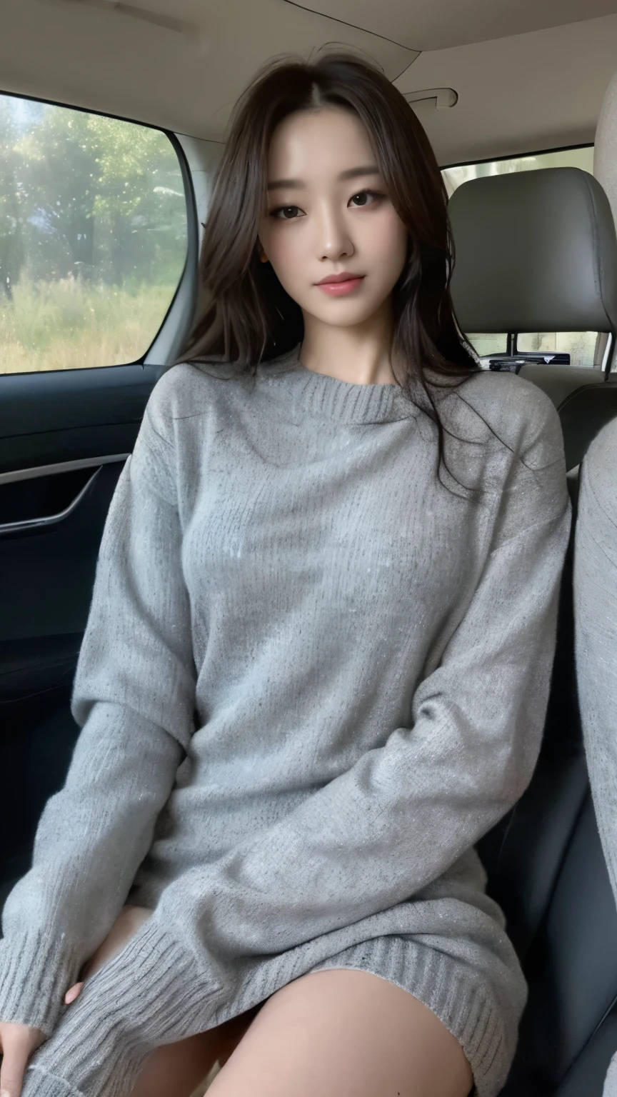 ((top-quality、8k、masterpiece:1.3))、Beautiful woman with perfect body:1.4、slim abdomen:1.2、Longhair, normal breast, Highly detailed facial and skin texture, A detailed eye, delicate eyes, double eyelid, (smile), (full body shot), ((in a car 1.1)), (sitting in car), (((wearing grey Sweater Dress:1.1)), looking in front