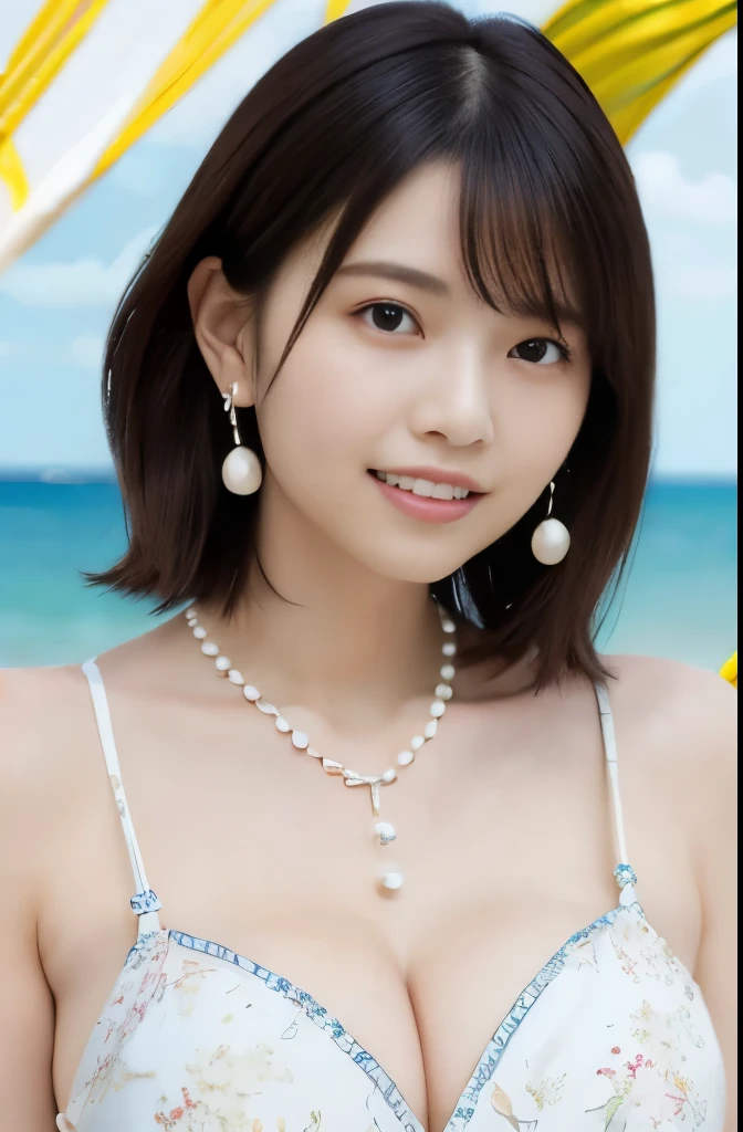 (highest quality、High resolution、masterpiece:1.3)、tall and cute woman、big and full breasts、loose wavy dark brown hair、exposed breasts、pearl earrings、necklace、floral micro bikini、(background coast:1.8)、Precisely expresses details such as face and skin texture、detailed eye、double eyelid、light smile、double teeth、short cut hair、Upper body、huge breasts、saggy breasts、clear white skin、white breast