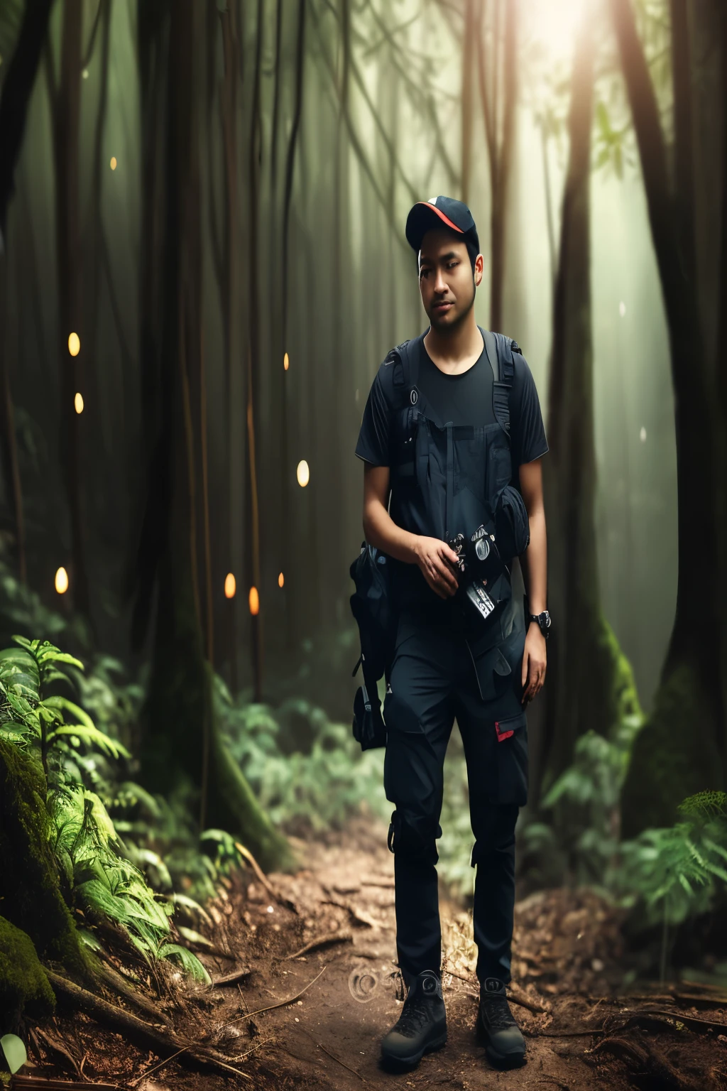 arafed man with camera in forest with trees and lights, standing in the mystical forest, standing in a forest, in front of an amazing forest, photograph captured in a forest, standing in a dark forest, in a tropical forest, standing in the forrest, standing in the forest, standing on a forest, walking around in a forest, in a jungle environment