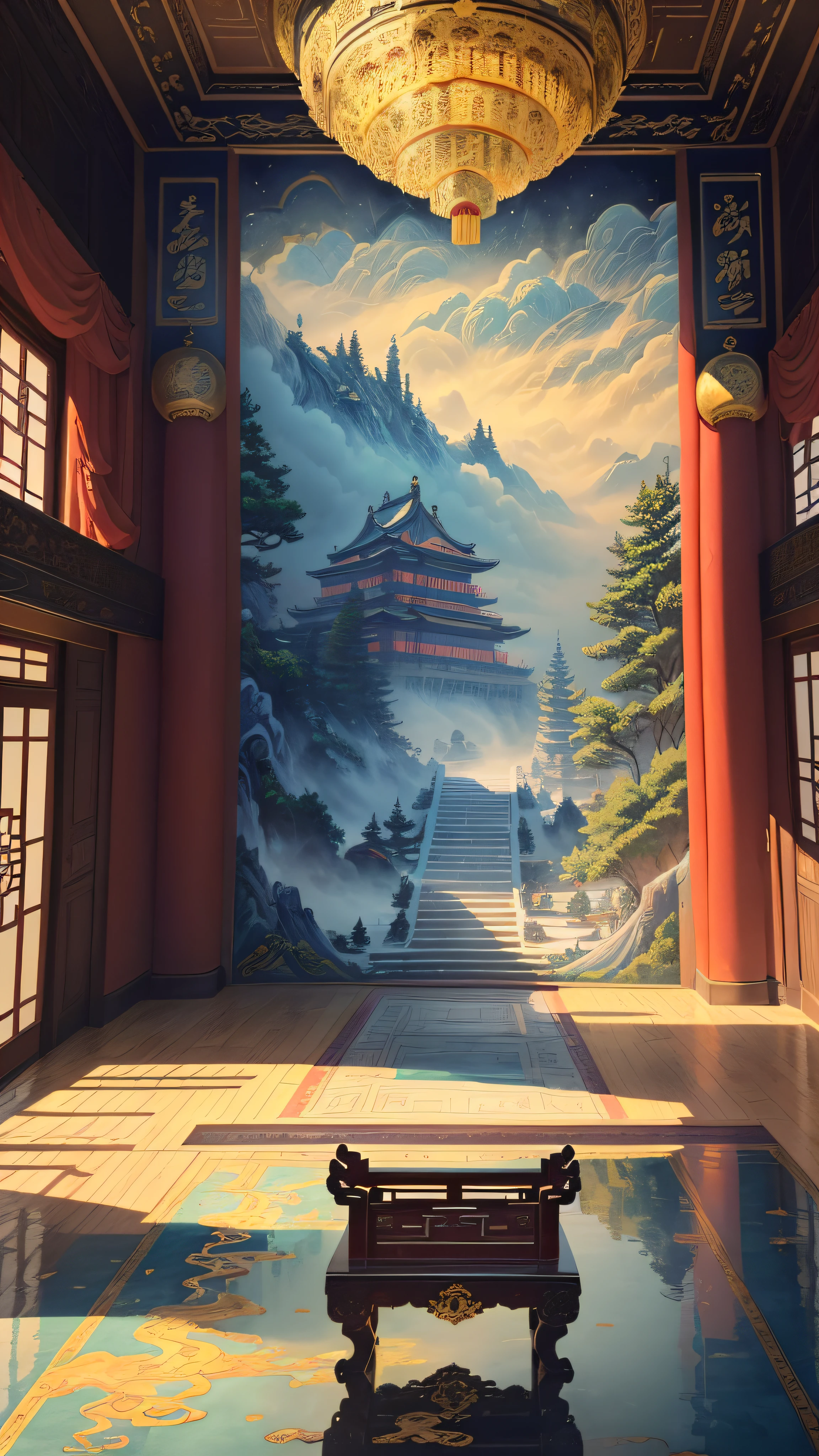 Masterpiece, best quality, ancient Chinese interior scene, daylight rendering, yellow wood, white