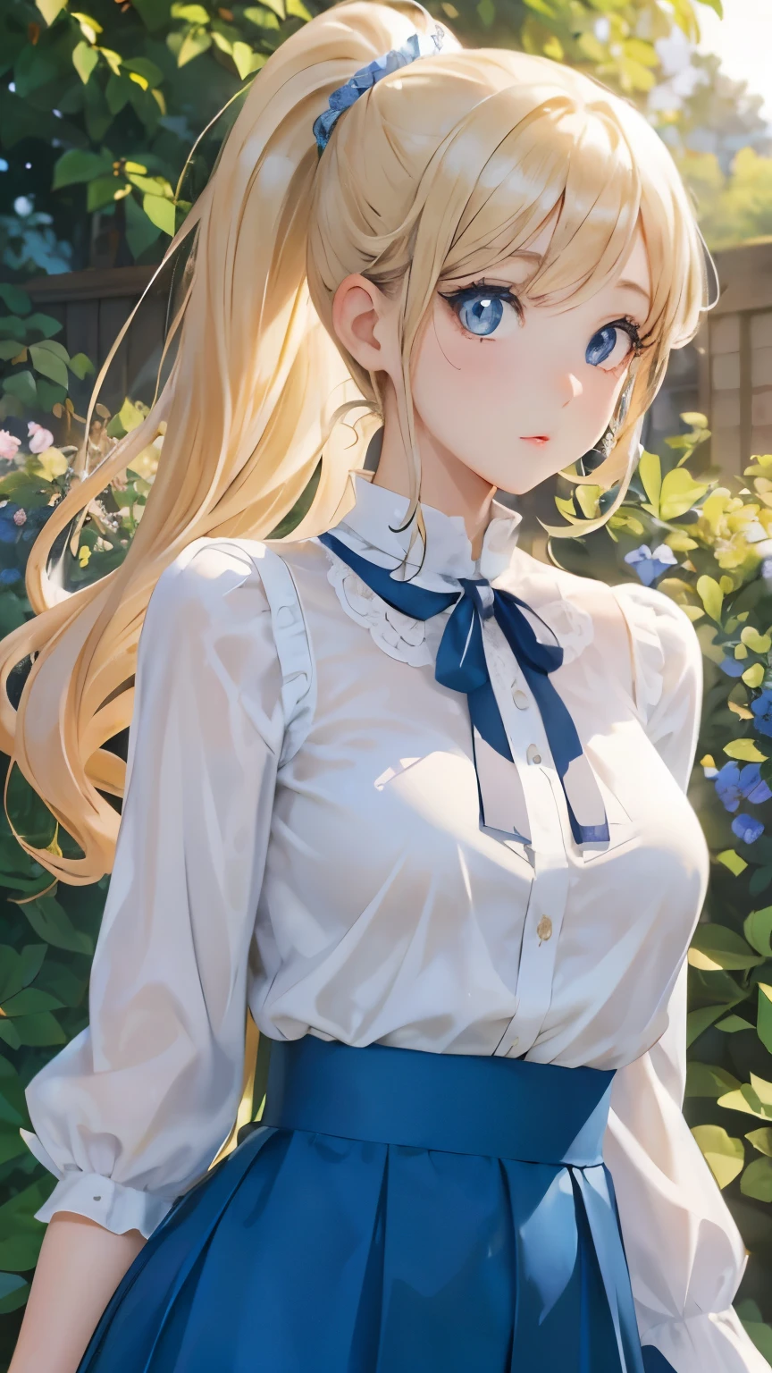 (masterpiece:1.2), (highest quality:1.2), Curvy but slender body, perfect eyes, perfect face, perfect lighting, 1 girl, in the garden, (blouse),(skirt),(maid),(ponytail),curly hair, fine clothes, detailed outdoor background, compensate, eye shadow, thick eyelashes, fantasy, whole body、blue sky、Bright and beautiful face、young shiny glossy white shiny skin、the best beauty、the most beautiful bright blonde hair in the world、thin hair、long hair、Shining beautiful bangs、big shining blue eyes、very beautiful and nice 18 years old, the most beautiful girl in the world、small breasts、a sexually excited look、tits、nipple、spread your legs wide、((she shows no panties、skirtを持ち上げる、I'm seducing you))、((Love juice dripping from the vagina))