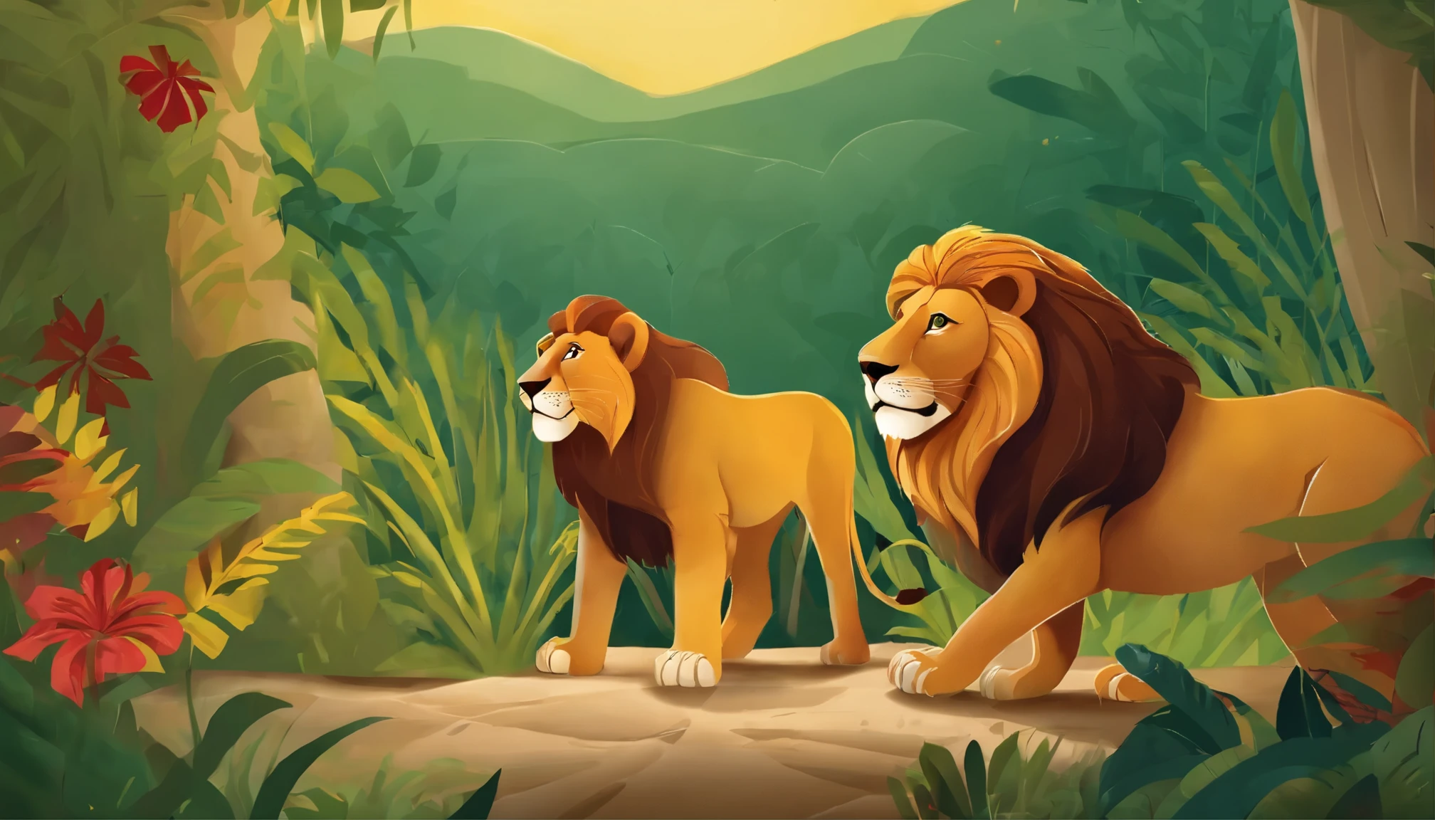 lion in the zoo,panoramic,children's illustration style