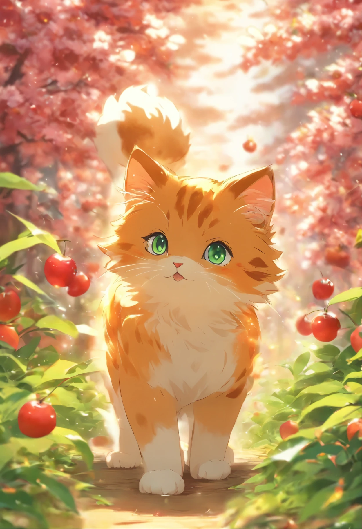 um vetor bonito de um gatinho com cereja, estilo anime, Estilo M Jenni, digital illustation, Approaching perfection, altamente detalhado, liso, sharp focus, illustration, 4k resolution