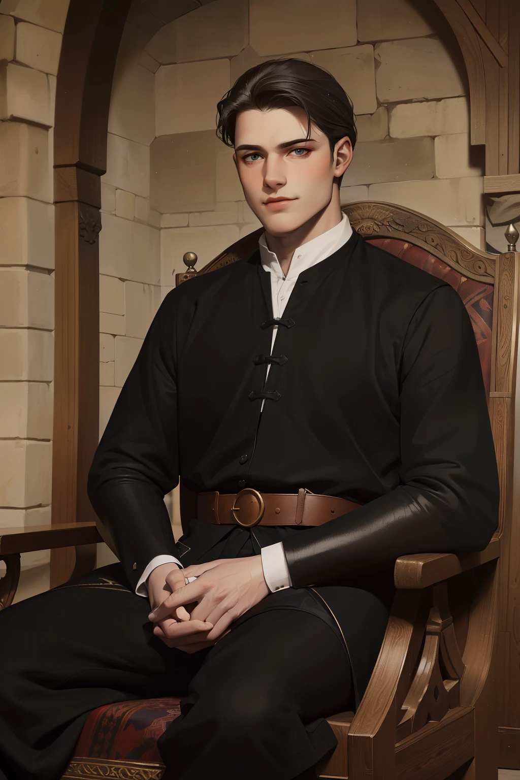 England, 1337. A young ((((20-year-old)) Ralph Fitzgerald)), intense eyes, ambitious, tall, athletic, in his big chair, ((smirk)). ((((clothings from the 1300s)))), ((dark hairstyle of the 1300s))
