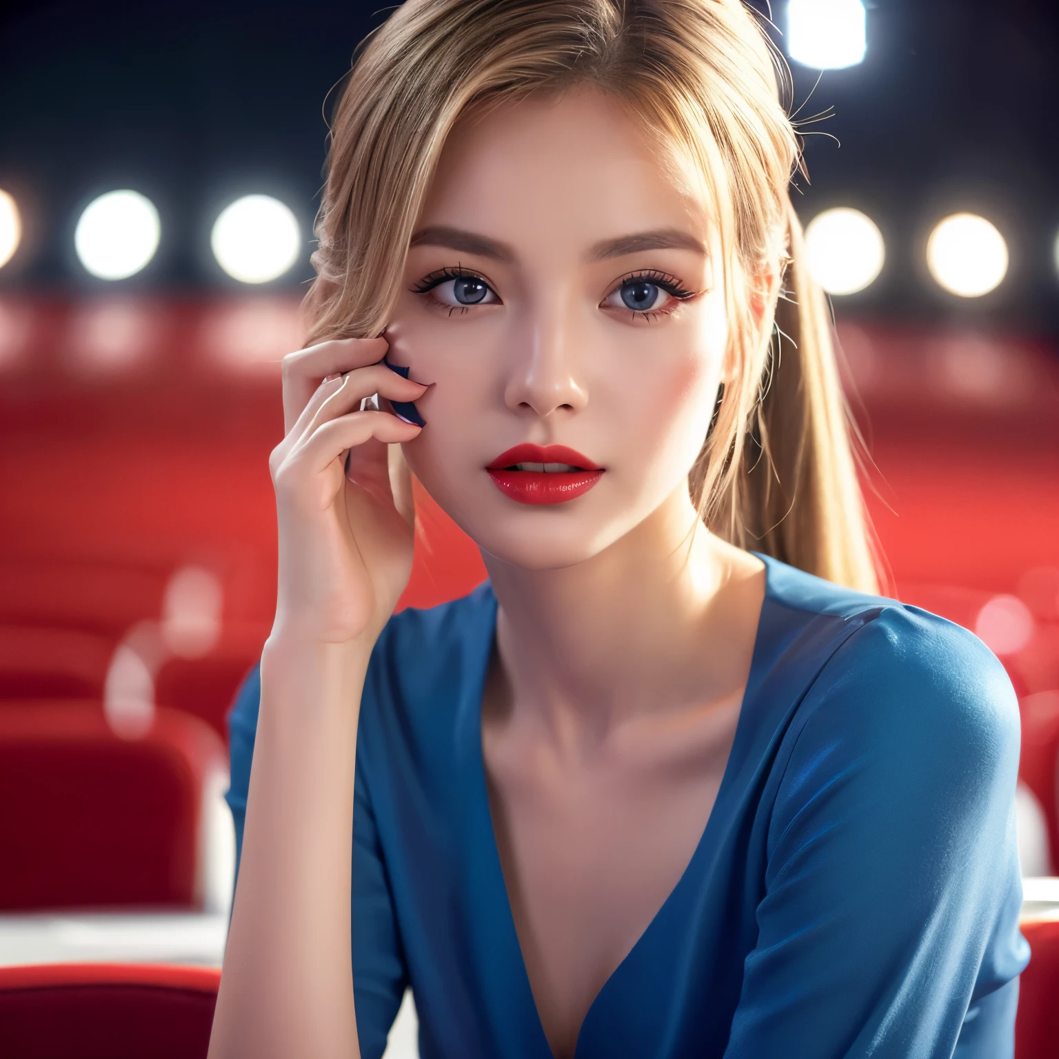 比類のないmasterpiece, Ultra-realistic 8k CG, perfect artwork, ((perfect woman image)), mature woman, thin waist, fascinating, clean, beautiful face, {very delicate and beautiful girl} , 8k wallpaper, {{{masterpiece}} }, 1 girl, blonde hair, blue eyes, ponytail, police uniform, jewelry, lips, lipstick, long hair, look at the audience, compensate, lips, red lips, simple background, alone, Upper body, (shiny skin),