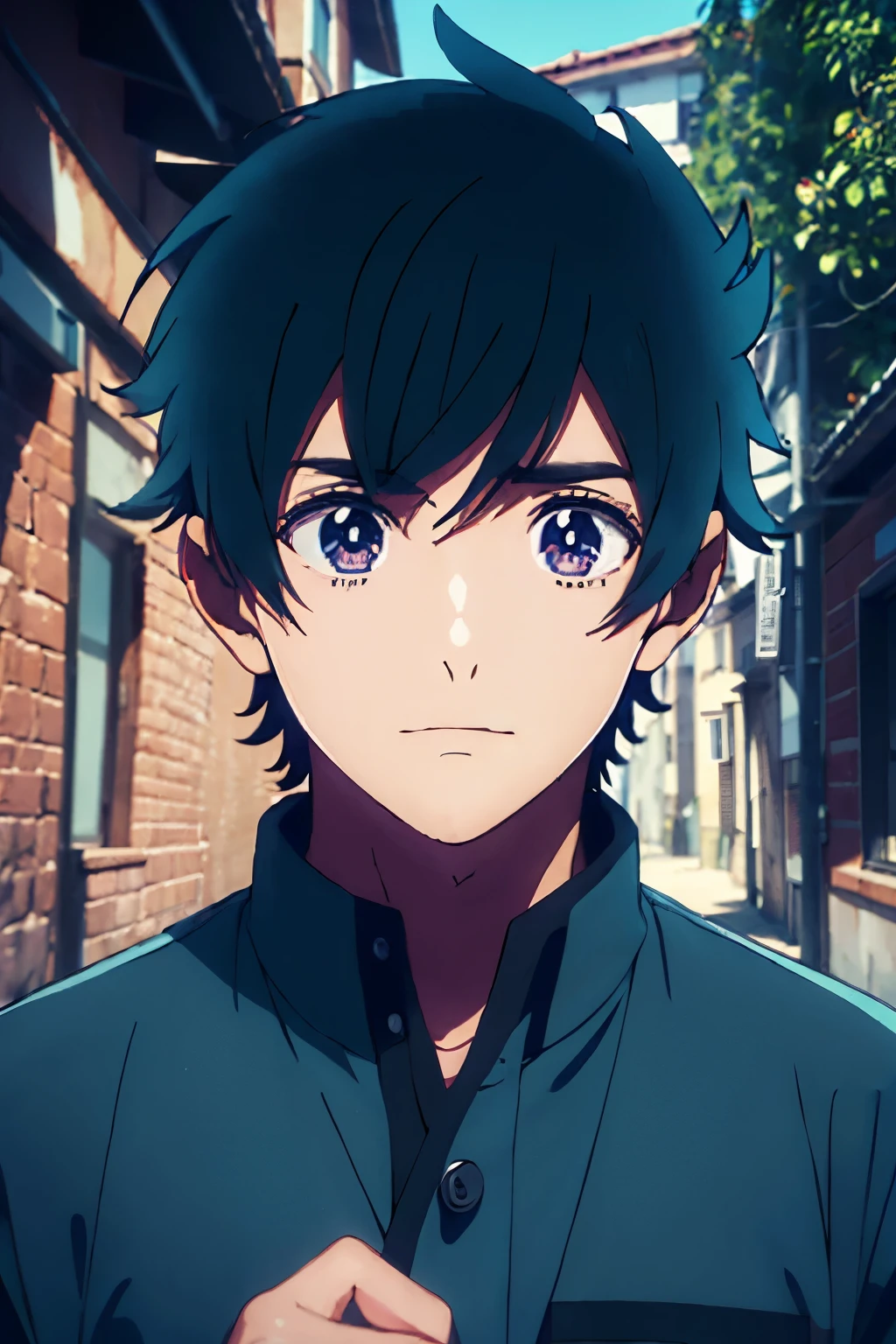 1d, obra de arte, melhor qualidade, anime, altamente detalhado, 1 homem, Sozinho, Marcos, olhos castanhos, cabelo preto, cabelo militar, blue coat and black pants, cara de jovem