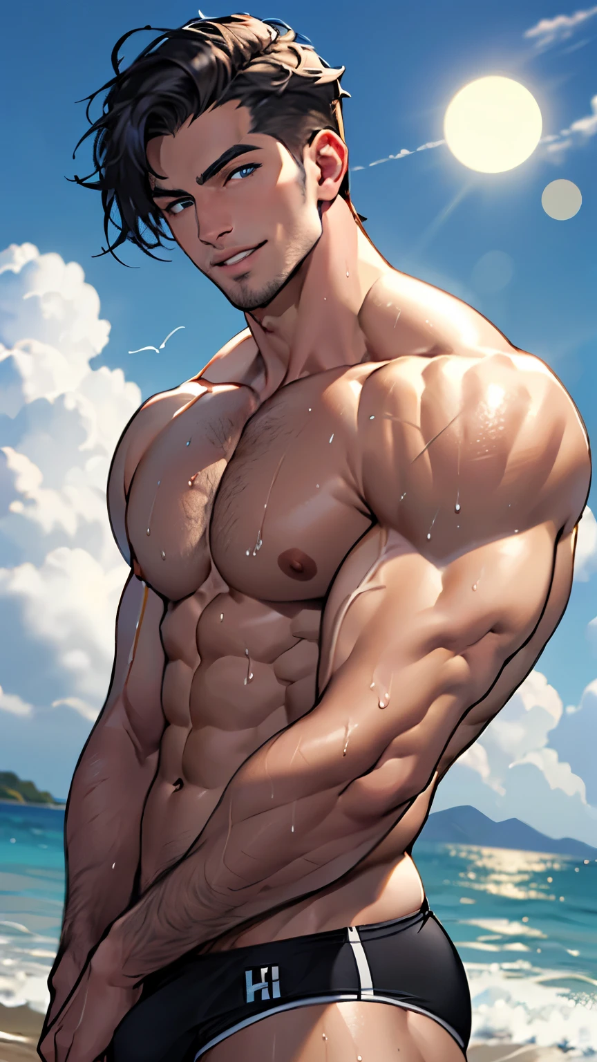 ((best quality)), ((Masterpiece)), (details), perfect face,high definition,Masterpiece,4k,details clearly,,,Handsome face,white skin,perfect body,male body,strong muscles,Abdomen muscles are wavy.,abdomen,blue eyes,white skin,The most handsome man in the world,handsome,,The coolest face,Male characters,Strong breasts,beautiful eyes,Look clearly...,short hair,black hair,happy face,kindness,perfect Body,Sixpack,Bright Skin,Healthy,male briefs,Dark eyebrows,shirtless,Model,Bright lights,Posing,Happy,wet Skin,clear sky,Beautiful ocean,The wind is blowing,relexing,Good lips,Full HD,beautiful light,Sun light,focus body,muscular,beautiful eyes,V shape,perfect male face,handsome,sexy man,windy,strong thighs,sexy male swimwear,hot male,briefs swimwear,angle