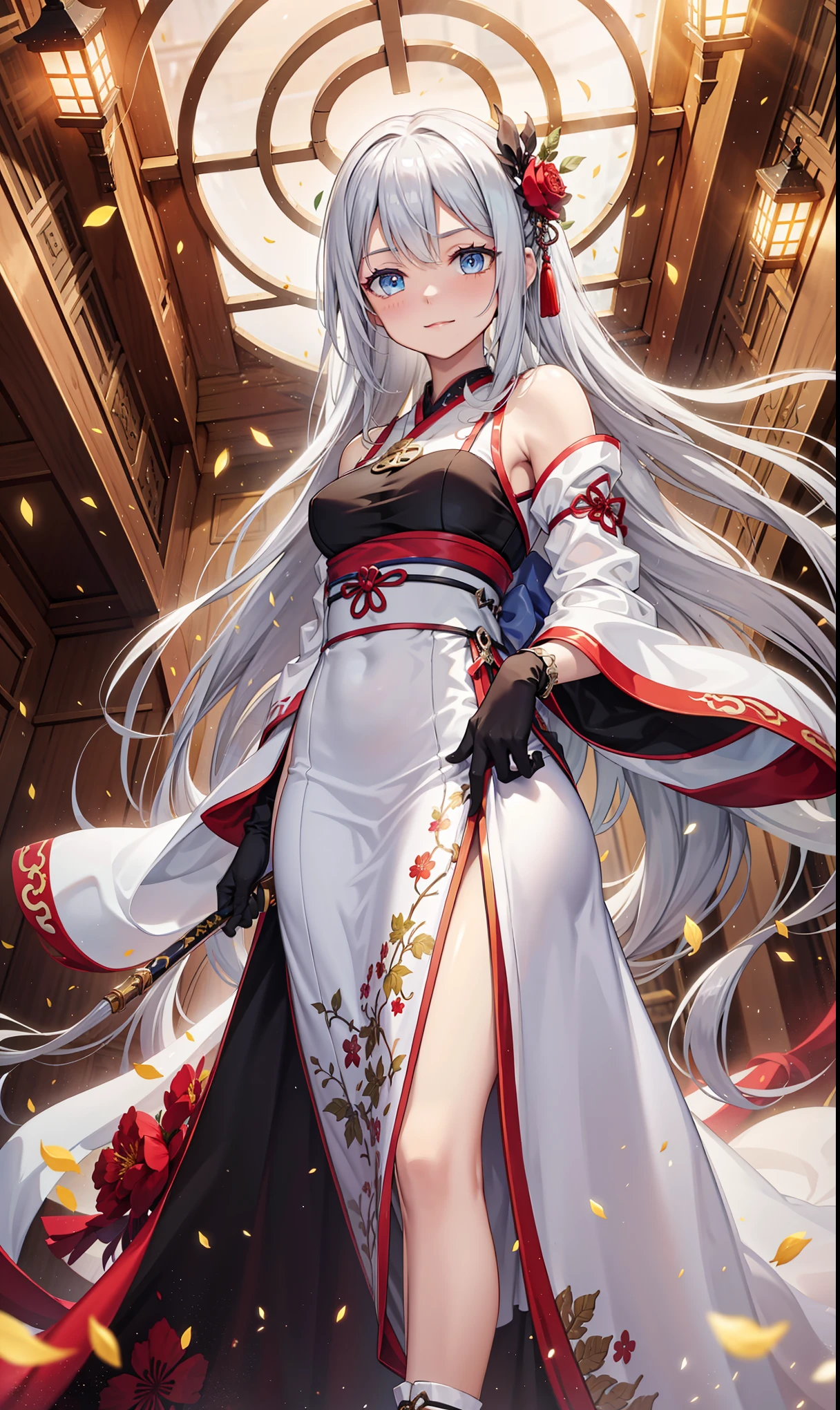 saints,Elegant and charming,Smile,in love,(Transparent colorful Hanfu,Sophisticated and gorgeous design),black gloves,silver hair,blue eyes,see through transparent clothes,Exquisite hair accessories,Transparent lace,Engraving pattern,dress nicely,The background is an old Chinese palace,Inside the hall,elegant posture,night,Carved suspender boots,Super super details,Divine magic,light particles,Exquisite and beautiful face and eyes