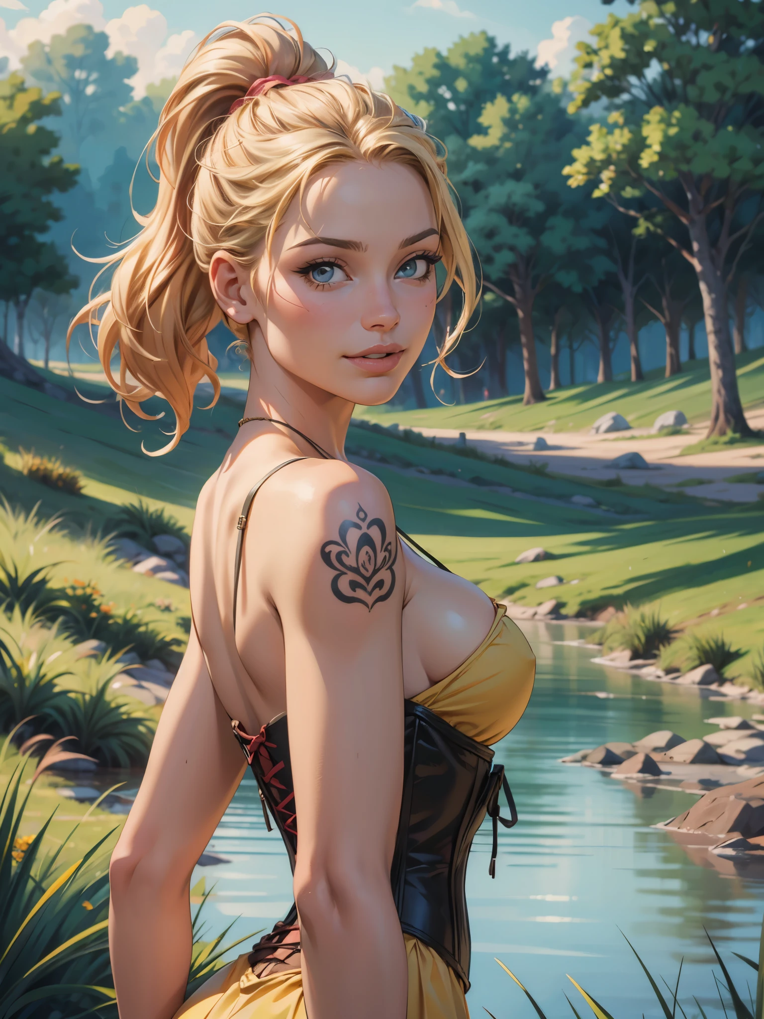 photorealistic,realistic, solo, photorealistic, best quality, ultra high res, 1girl,, , blonde hair in a ponytail, wearing a yellow sundress, breeze blowing through the grass,, , 1girl,, beautiful, masterpiece, best quality, extremely detailed face, perfect lighting, 1girl, solo,, , best quality, ultra high res, photorealistic,, ultra detailed,, masterpiece, best quality, , nancy1, cleavage, tattoo, smirk, seductive smile, corset