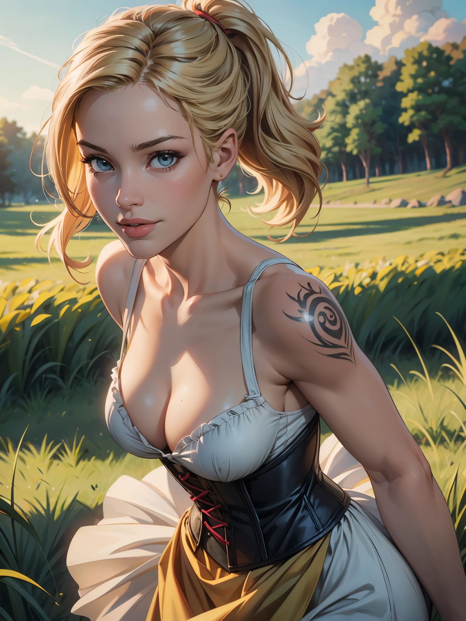 photorealistic,realistic, solo, photorealistic, best quality, ultra high res, 1girl,, , blonde hair in a ponytail, wearing a yellow sundress, breeze blowing through the grass,, , 1girl,, beautiful, masterpiece, best quality, extremely detailed face, perfect lighting, 1girl, solo,, , best quality, ultra high res, photorealistic,, ultra detailed,, masterpiece, best quality, , nancy1, cleavage, tattoo, smirk, seductive smile, corset