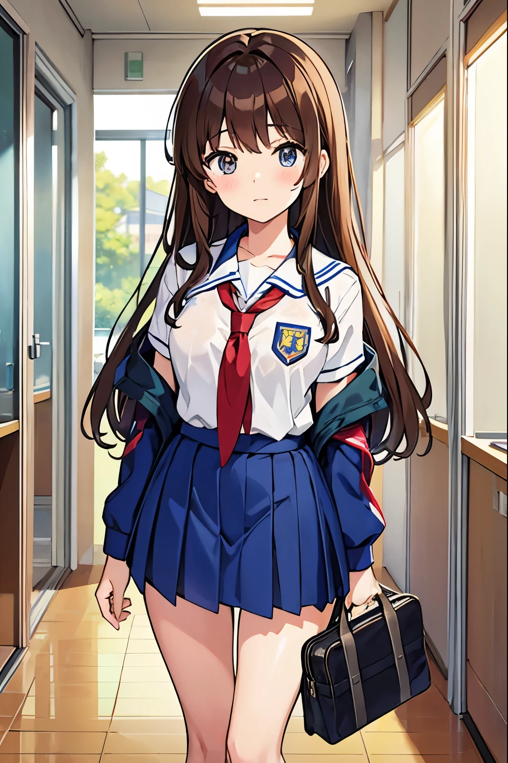 high school student、uniform、student council president、brown hair medium、The background is a classroom hallway、